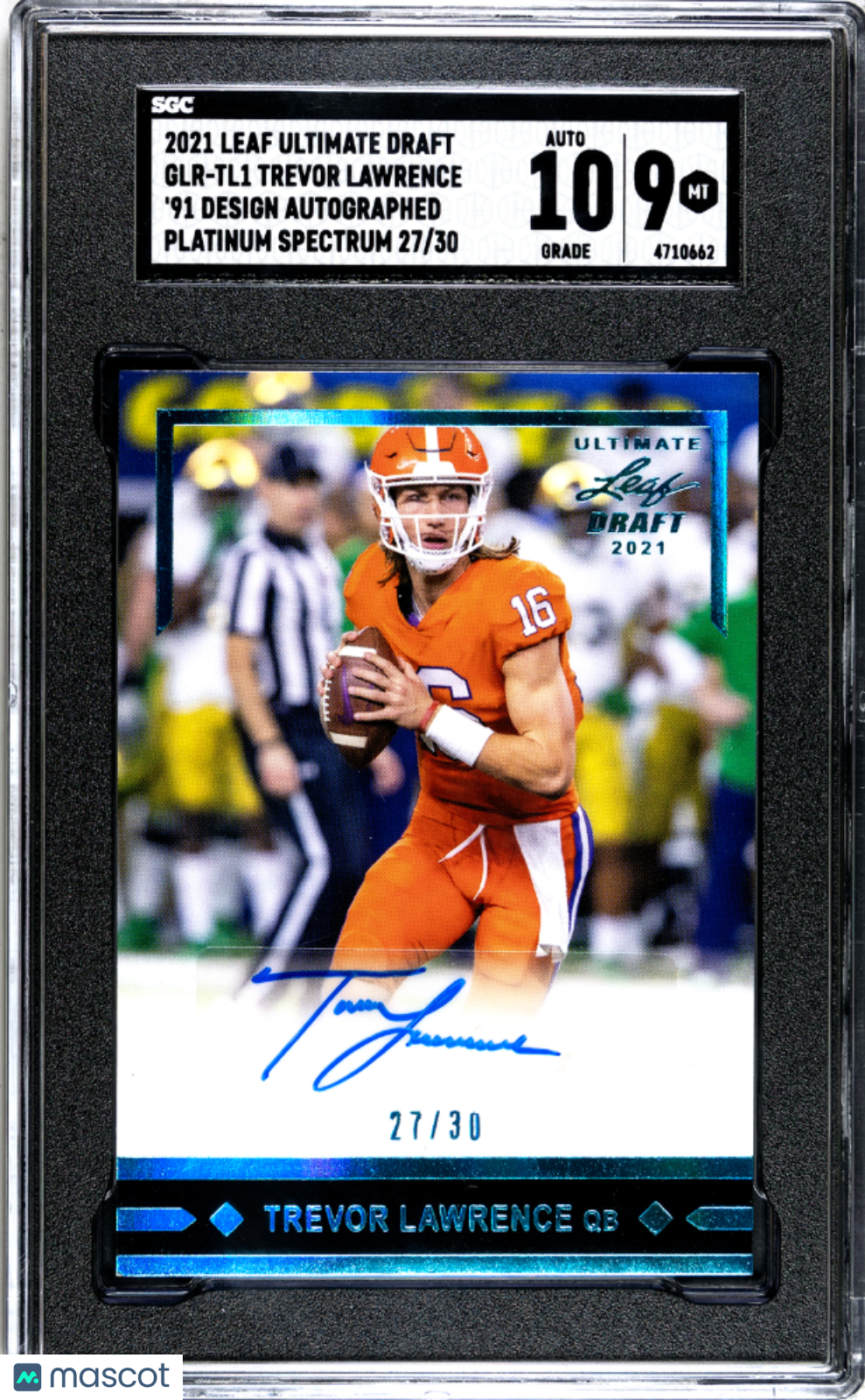 2021 Leaf Ultimate Trevor Lawrence 91 Design Auto Platinum/30 Rookie SGC 9 AU 10 - Graded Sports Cards