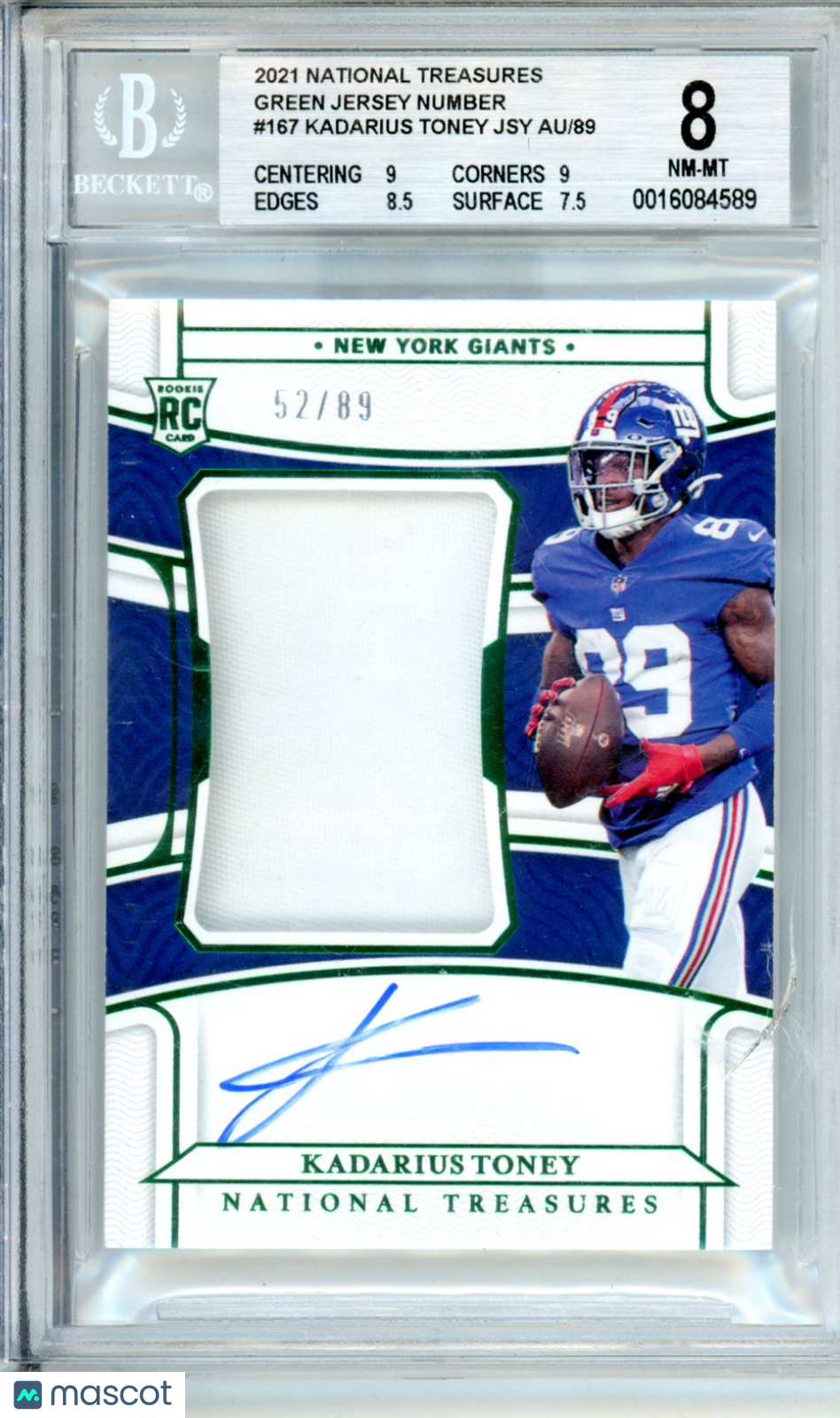 2021 National Treasures Green Jersey Number Kadarius Toney Rookie 52/89 BGS 8 Graded Sports Cards
