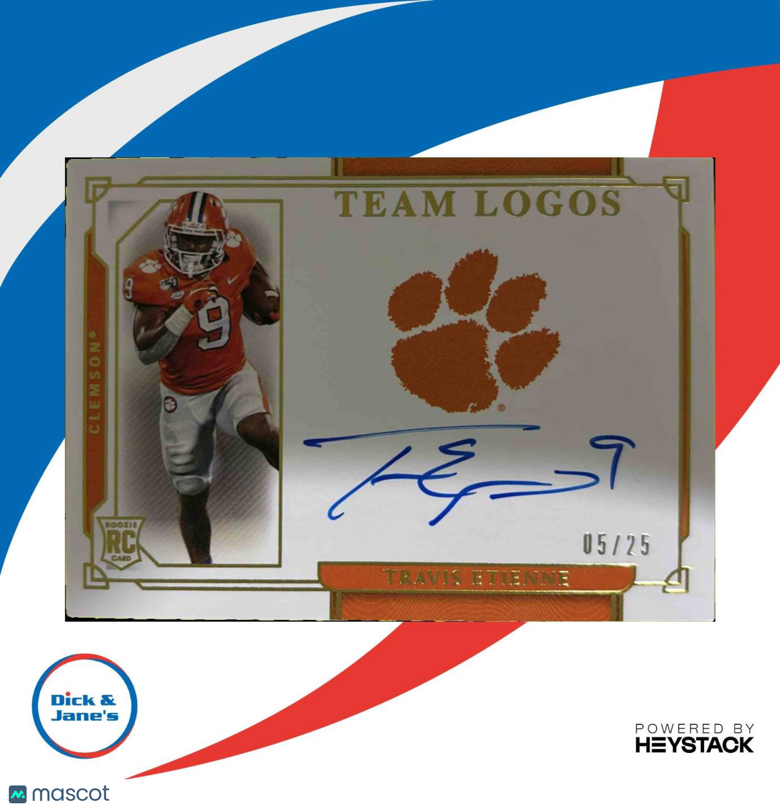 2021 National Treasures Travis Etienne Team Logo Signatures 5/25 Auto RC Clemson - Sports Cards