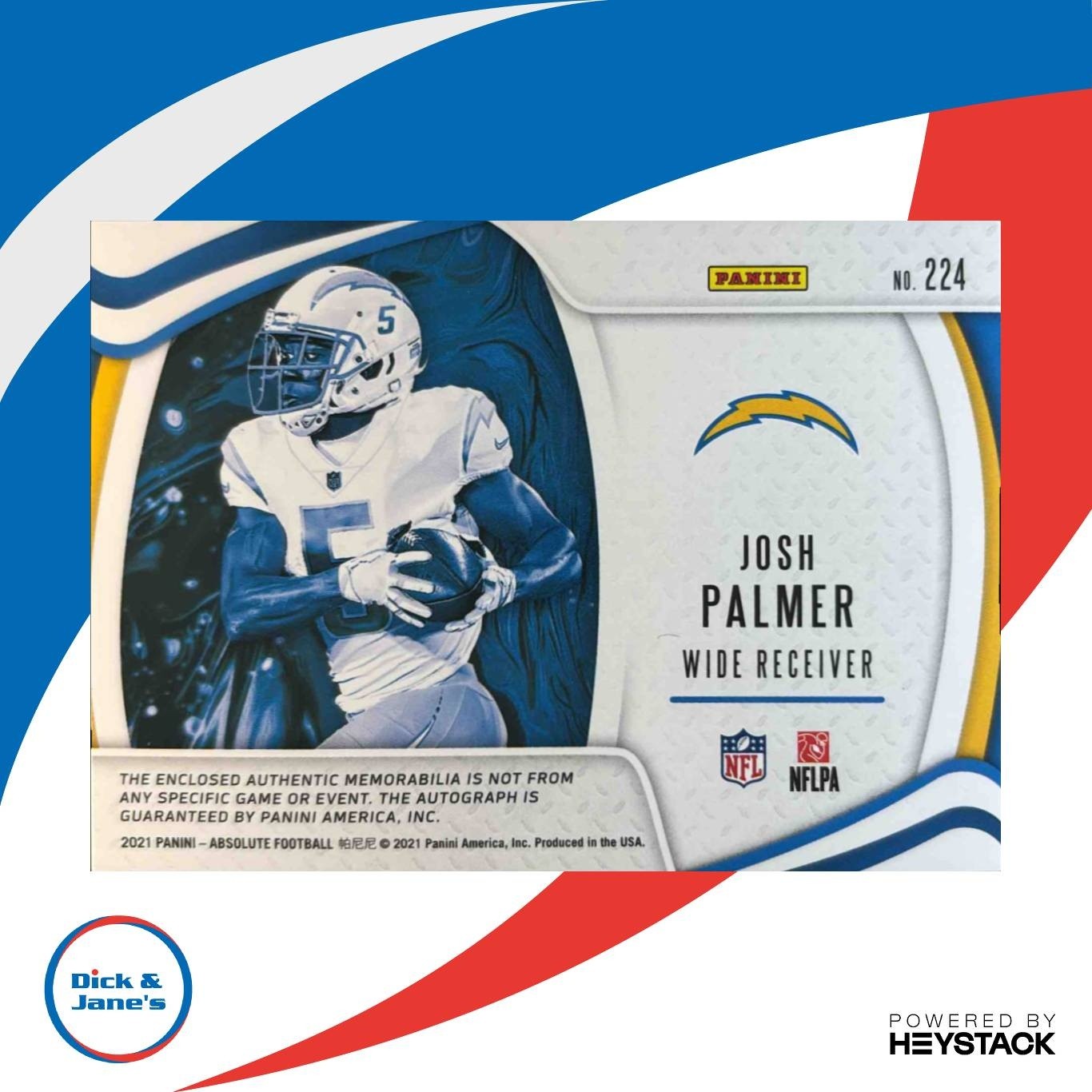 2021 Panini Absolute Josh Palmer 143/399 #224 MEM Rated Prospect Auto Chargers - Sports Cards