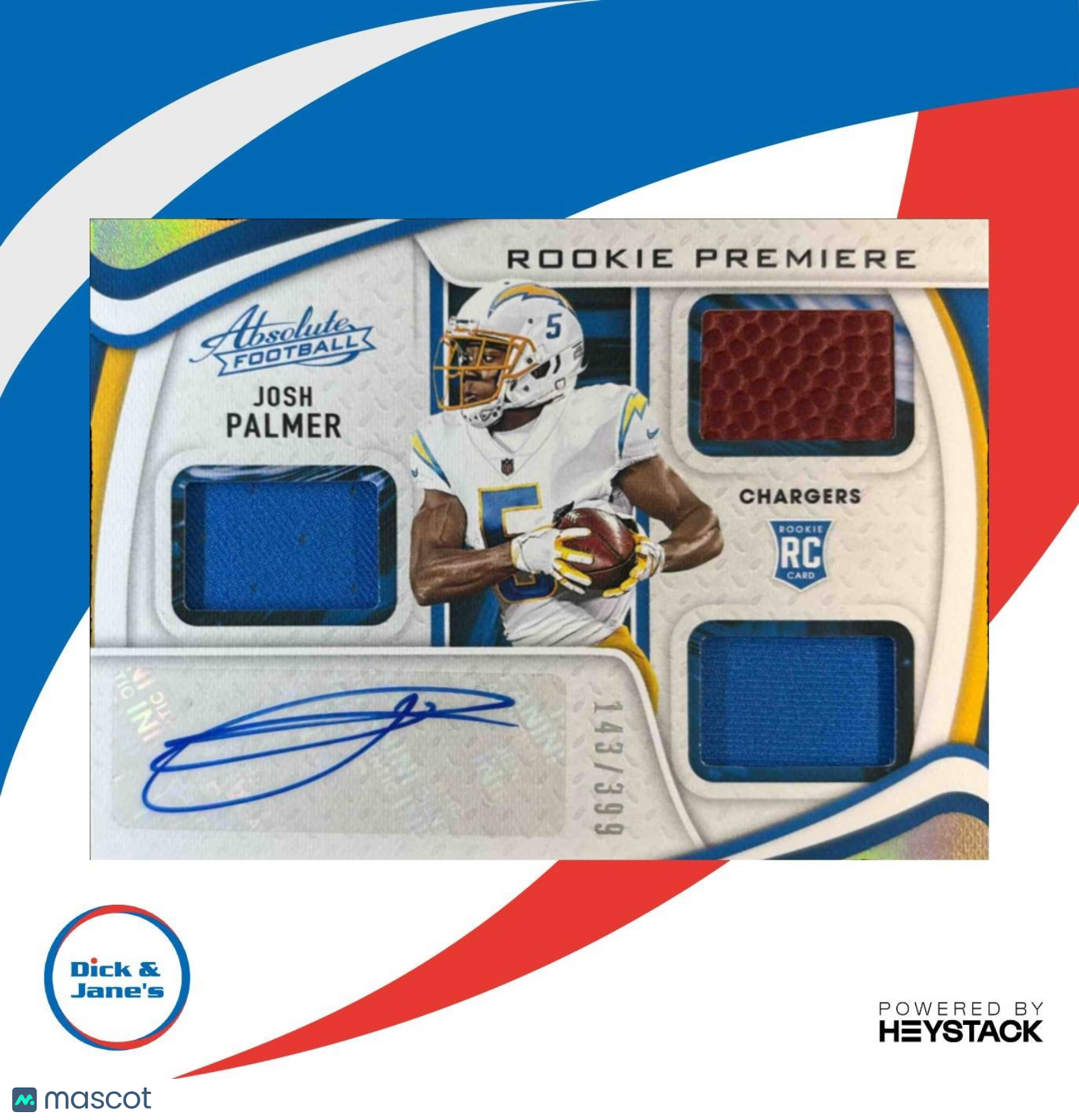 2021 Panini Absolute Josh Palmer 143/399 #224 MEM Rated Prospect Auto Chargers - Sports Cards