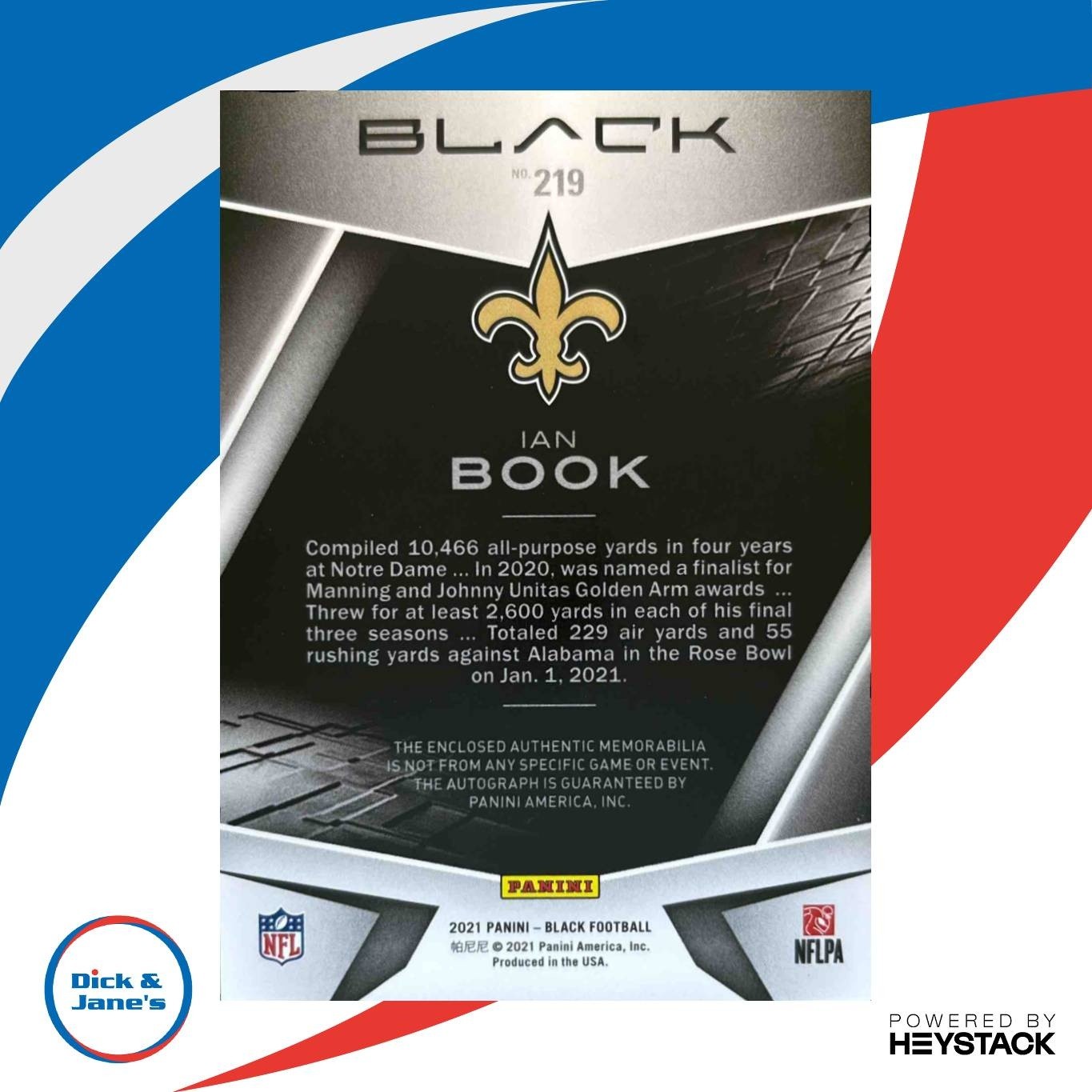 2021 Panini Black Ian Book Gold 1/10 PATCH #219 RC Auto New Orleans Saints - Sports Cards