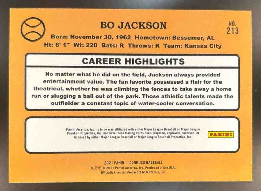 2021 Panini Donruss Bo Jackson One Hundred 1/100 BOOK END #213 Kansas City Royal - Sports Cards