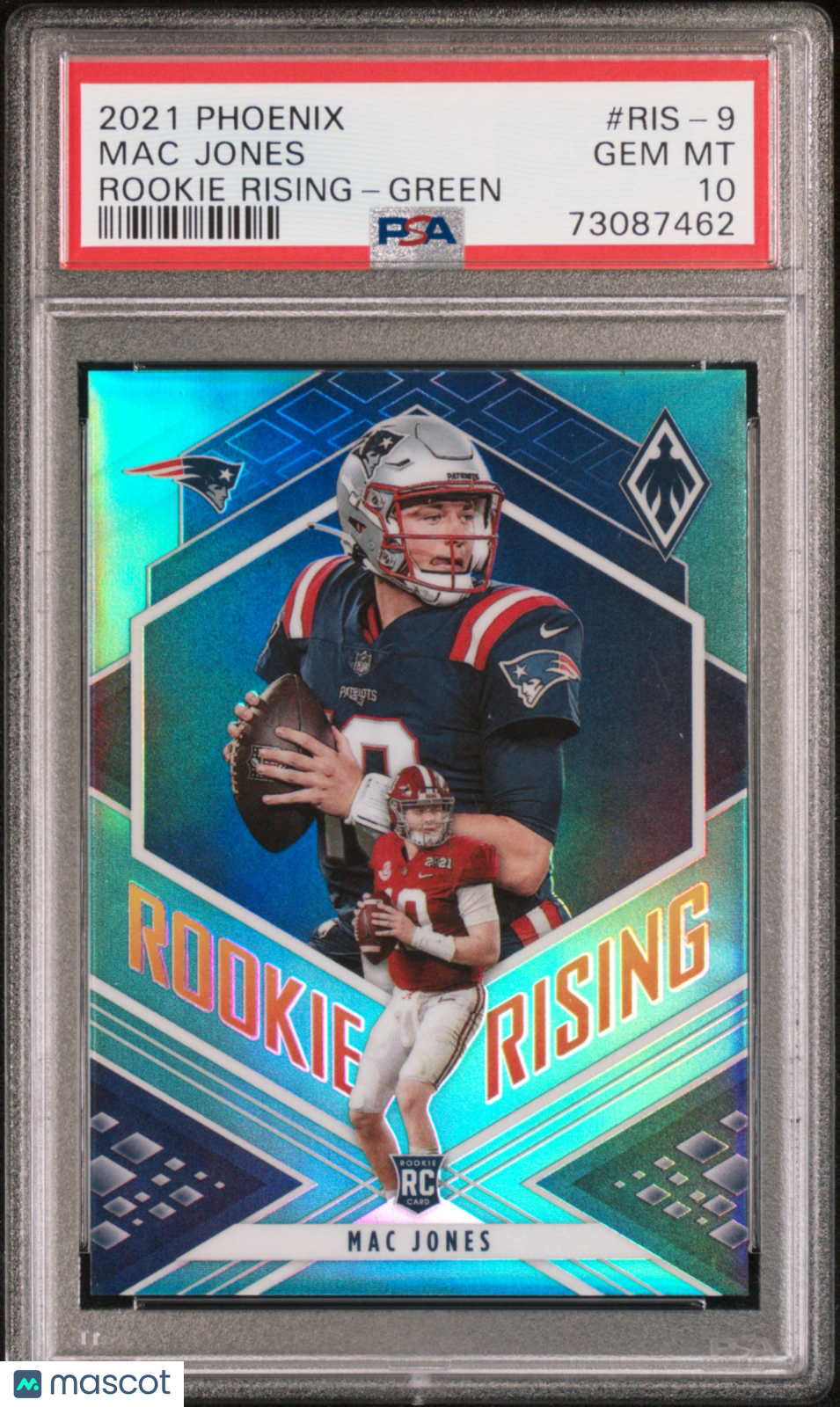 2021 Panini Phoenix Rookie Rising Mac Jones Rookie Rising Green #RIS-9 PSA 10 - Graded Sports Cards