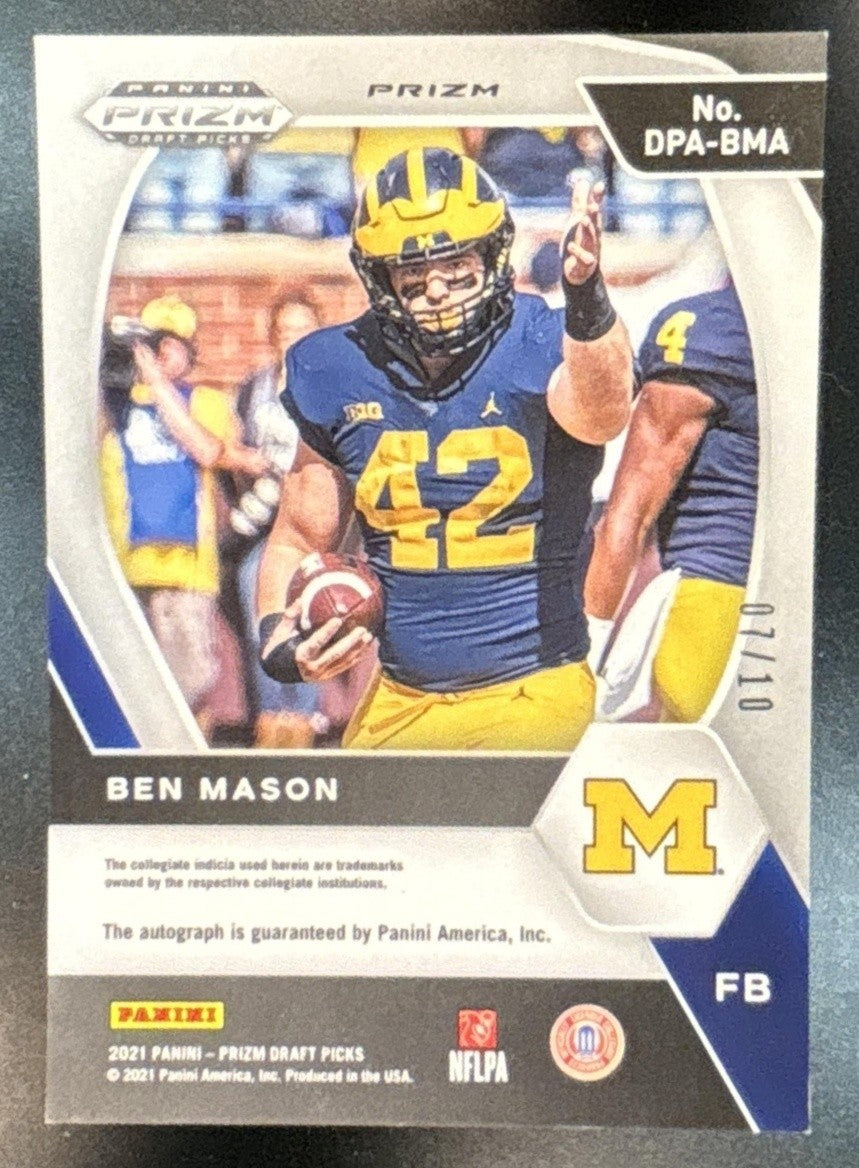 2021 Panini Prizm Draft Picks Collegiate Ben Mason Auto Gold /10 RC Wolverines - Sports Cards