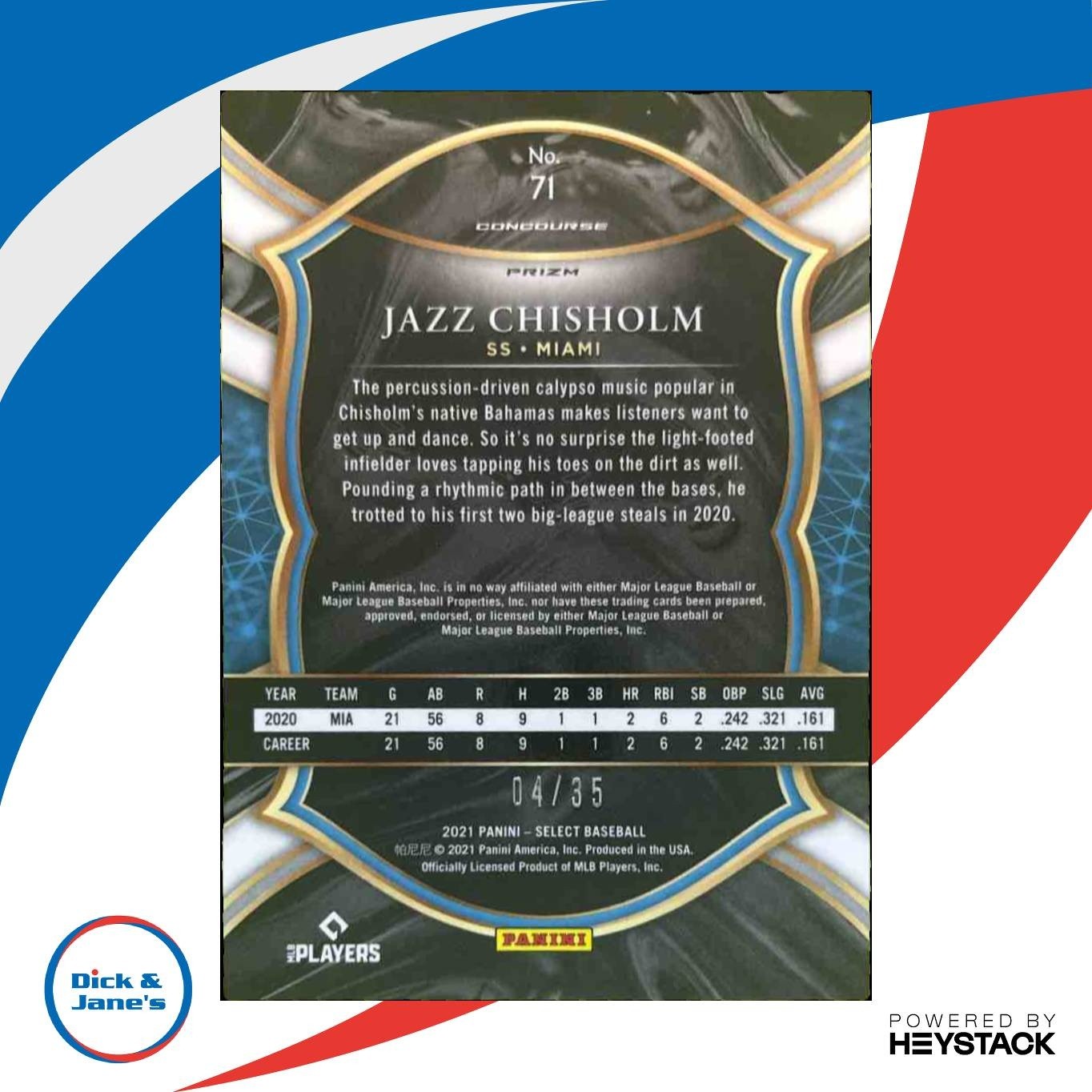 2021 Panini Select Jazz Chisholm Carolina Blue Prizm 4/35 #71 RC Miami Marlins - Sports Cards