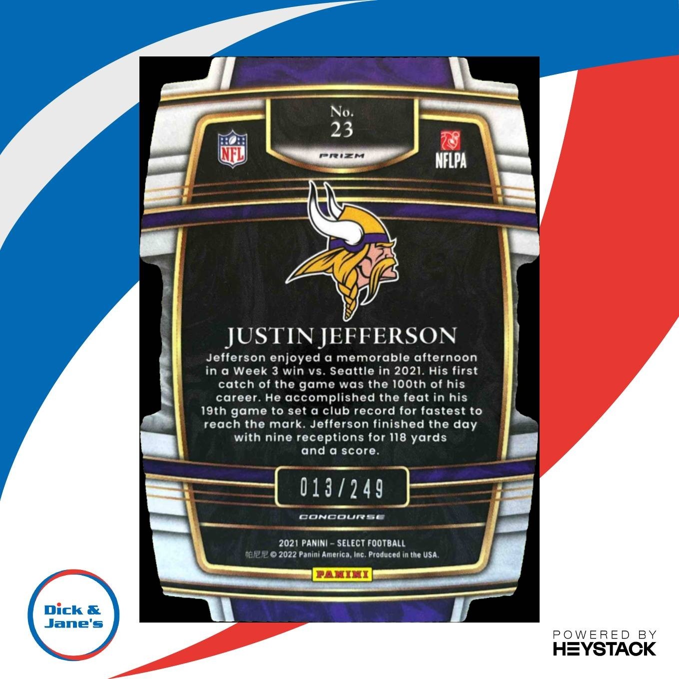 2021 Panini Select Justin Jefferson Orange Prizm Die Cut 13/249 #23 Vikings - Sports Cards