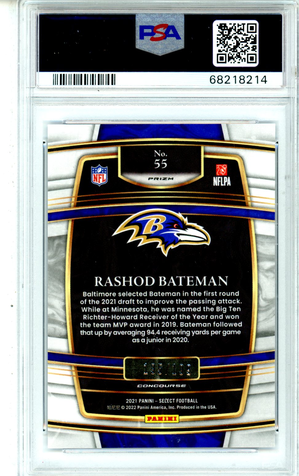 2021 Panini Select Rashod Bateman Blue Prizm /199 #55 PSA 8 - Graded Sports Cards