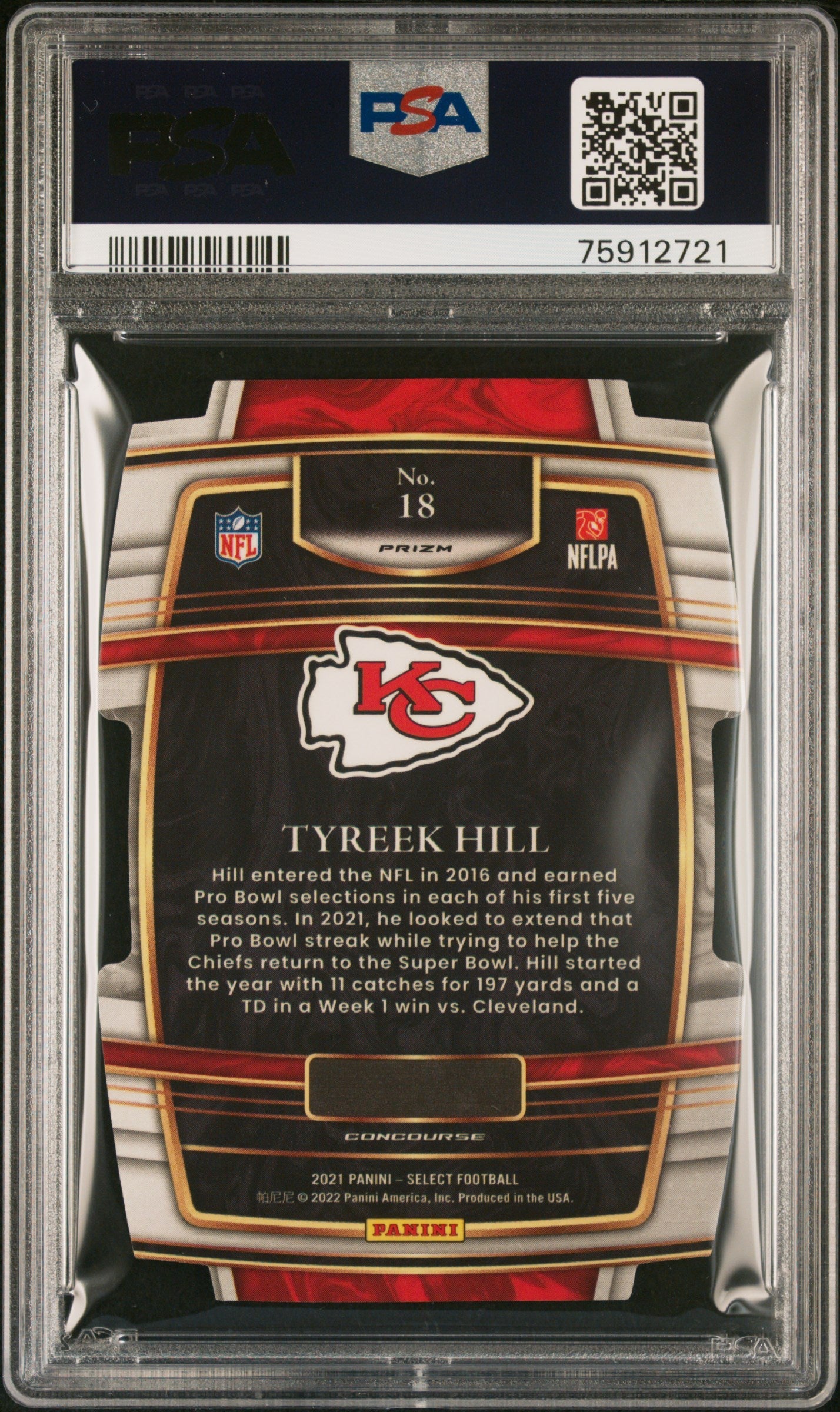 2021 Panini Select Tyreek Hill Die Cut Zebra Prizm #18 PSA 10 Kansas City Chiefs Graded Sports Cards