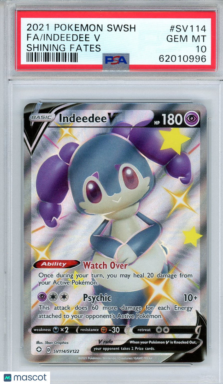 2021 Pokemon Sword & Shield Shining Fates Indeedee V #SV114 FA PSA 10 GEM MINT - Graded TCG/CCG