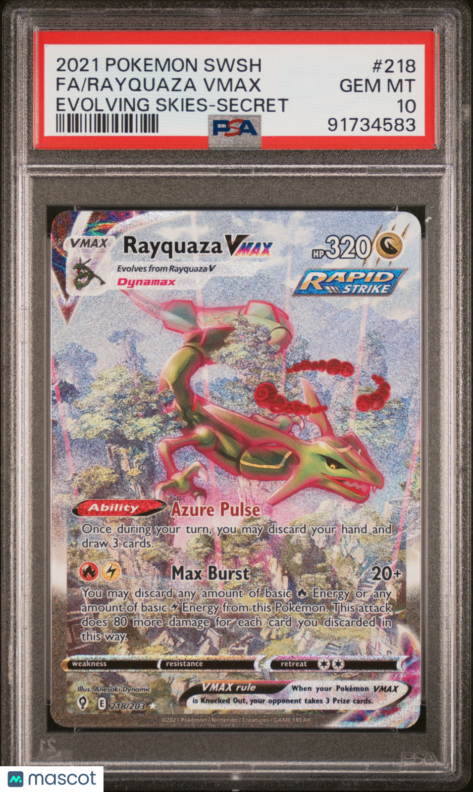 2021 Pokemon SWSH Evolving Skies Rayquaza VMAX #218 FA Secret PSA 10 GEM MINT - Graded TCG/CCG