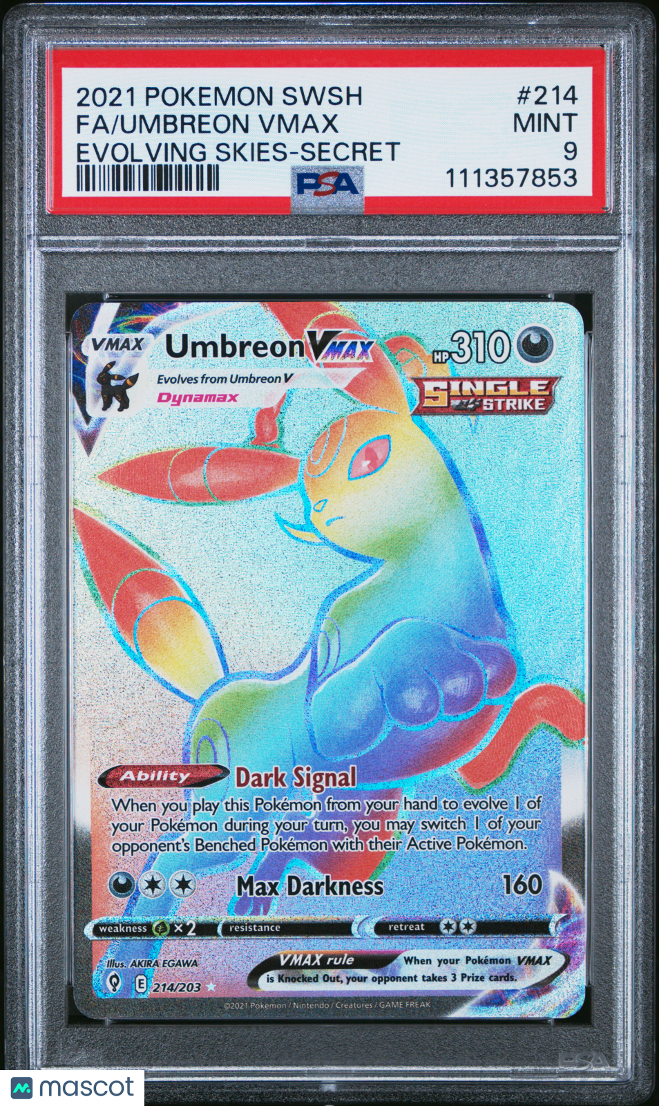 2021 Pokemon SWSH Evolving Skies Umbreon VMAX #214 FA Secret PSA 9 MINT - Graded TCG/CCG