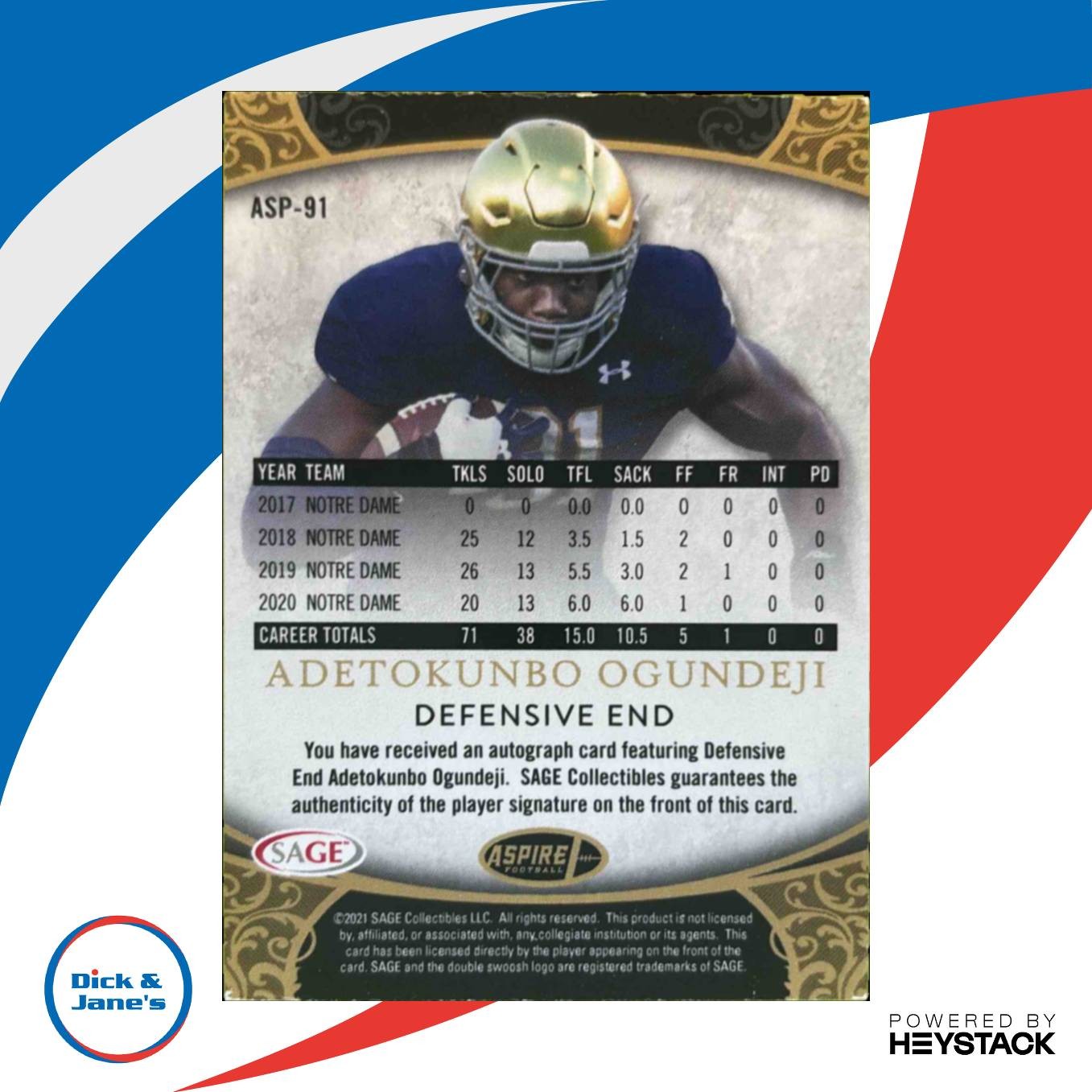 2021 SAGE Aspire Adetokunbo Ogundeji Bronze RC Auto Notre Dame Fighting Irish - Sports Cards