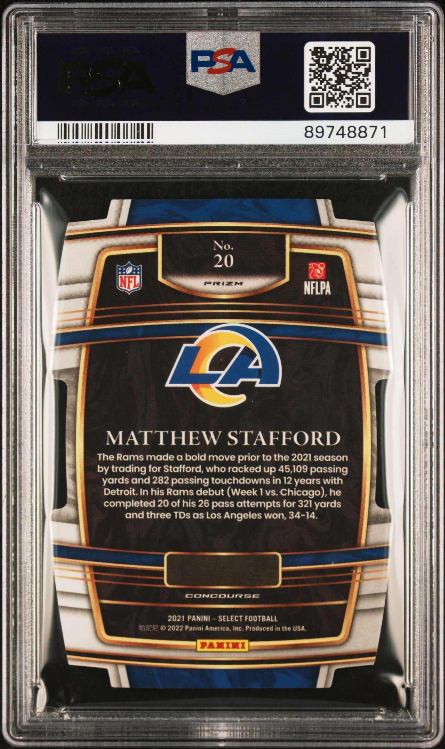 2021 Select Matthew Stafford Die Cut Zebra Prizm #20 PSA 9 Los Angeles Rams - Graded Sports Cards