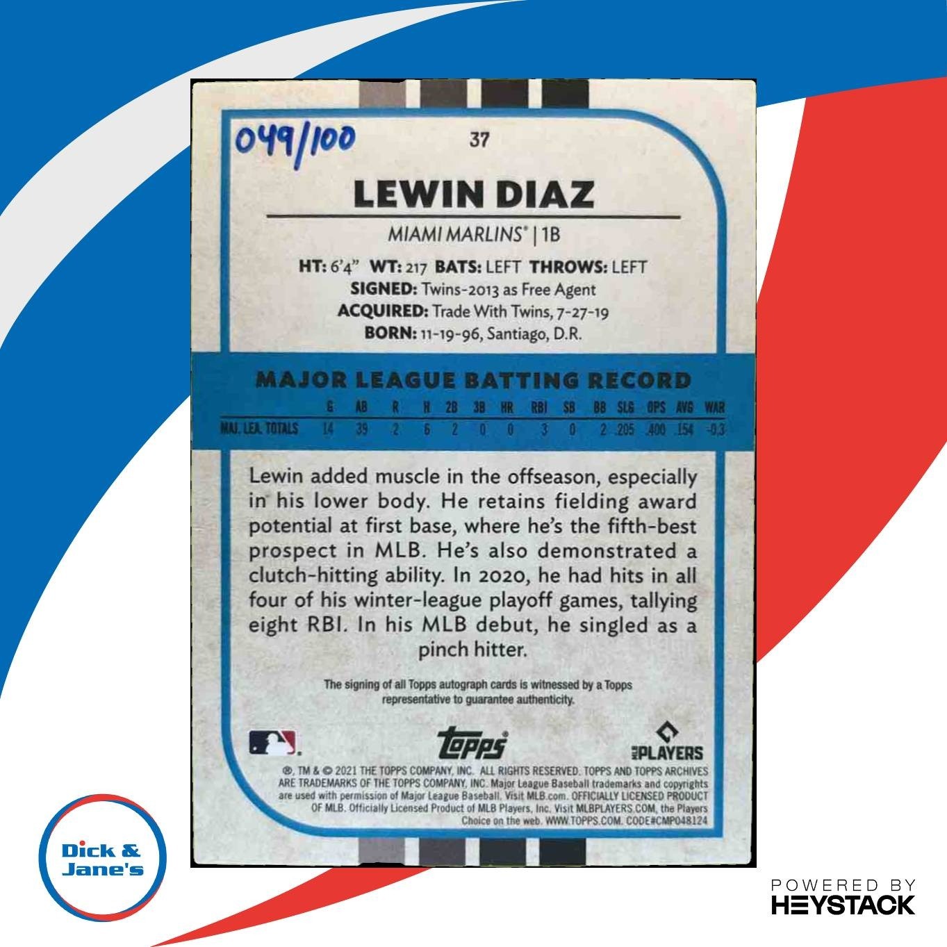 2021 Topps Archives Snapshots Lewin Diaz Auto Negative Inverse /100 RC Marlins - Sports Cards