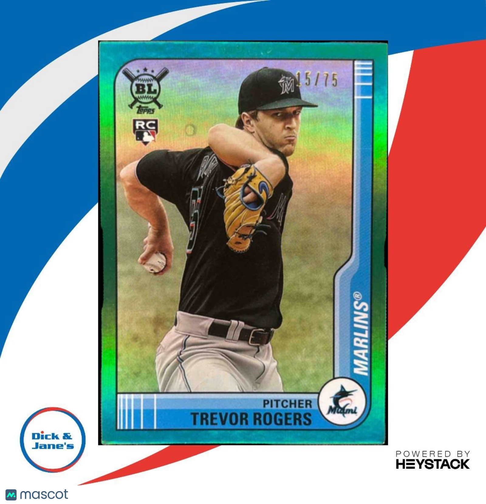 2021 Topps Big League Trevor Rogers Green Foil /75 #185 RC Miami Marlins - Sports Cards
