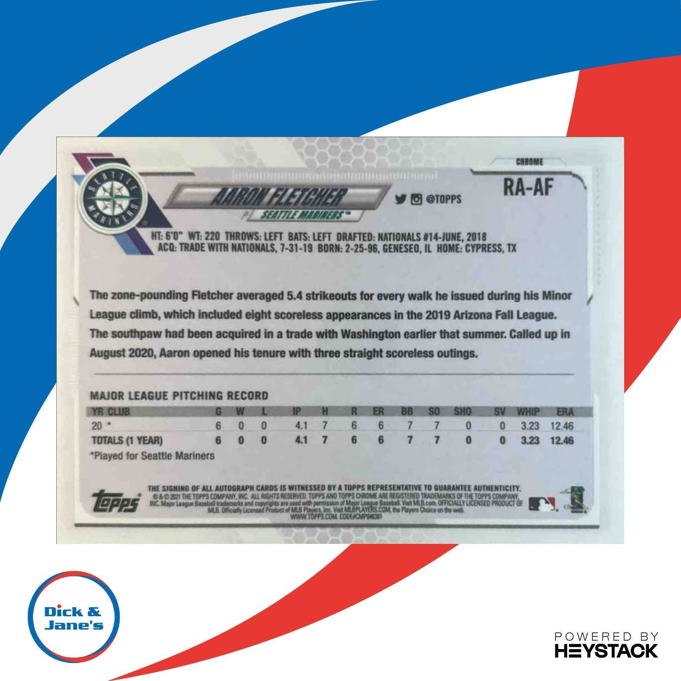 2021 Topps Chrome Aaron Fletcher Rookie Auto #RA-AF RC Seattle Mariners - Sports Cards