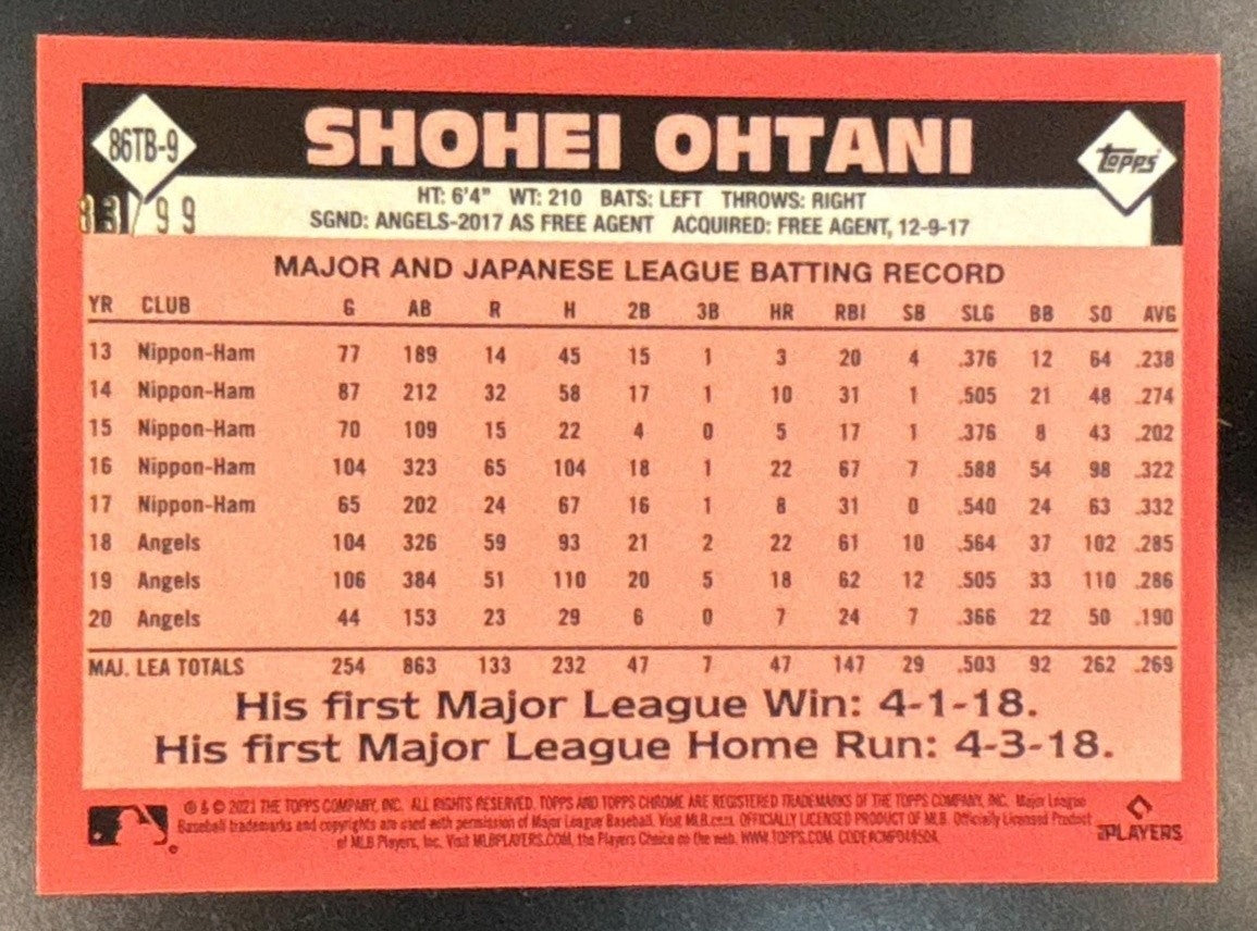 2021 Topps Chrome Ben Baller Shohei Ohtani 1986 Baseball Green /99 Angels - Sports Cards