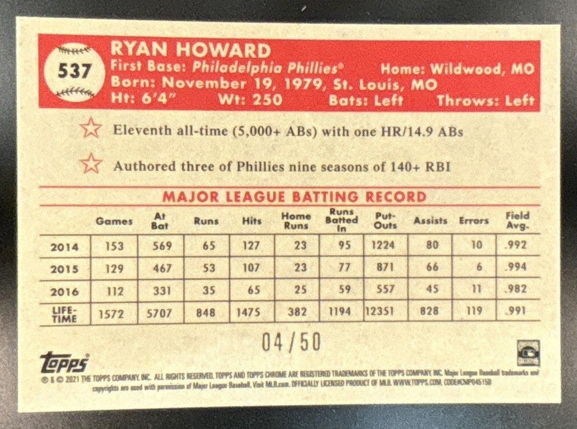 2021 Topps Chrome Platinum Anniversary Ryan Howard Gold/Rose Gold 70th Wave /50 - Sports Cards
