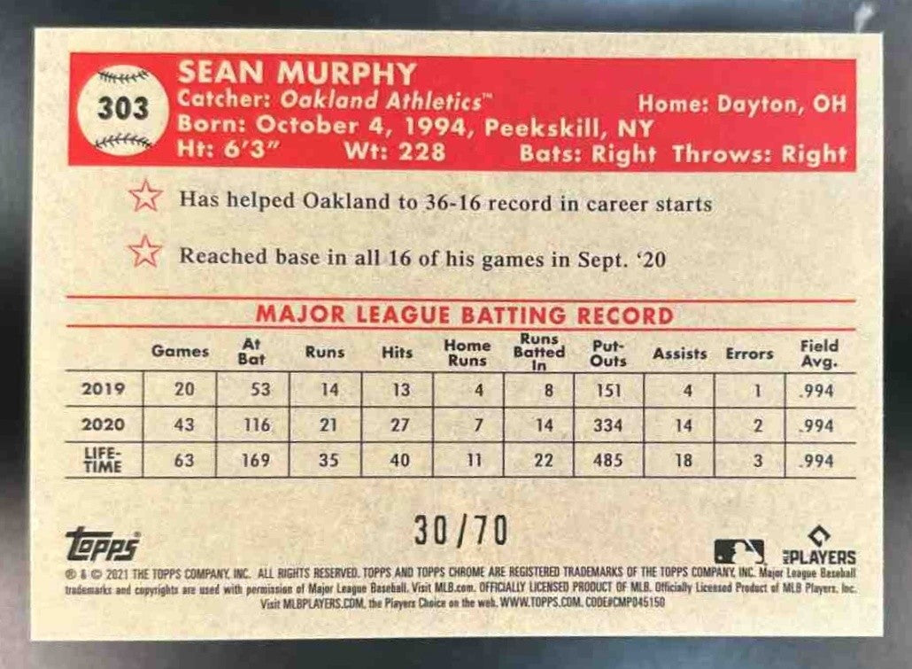 2021 Topps Chrome Platinum Anniversary Sean Murphy 70th Mini Diamond /70 - Sports Cards