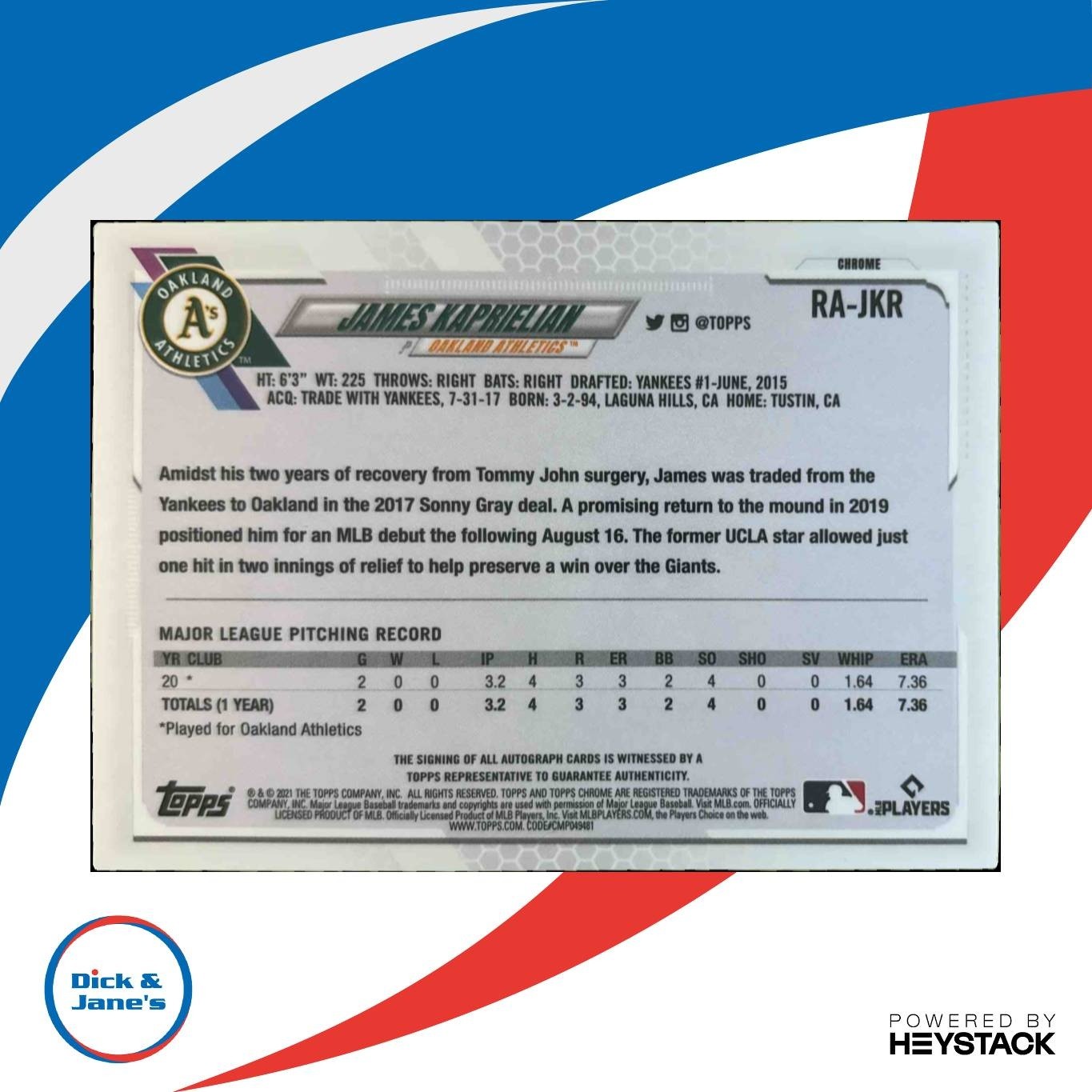 2021 Topps Chrome Update Sapphire James Kaprielian Auto RC Oakland Athletics - Sports Cards