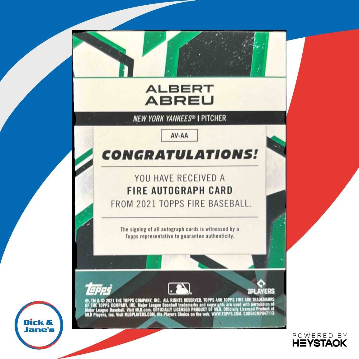 2021 Topps Fire Albert Abreu Auto #AV-AA RC New York Yankees - Sports Cards