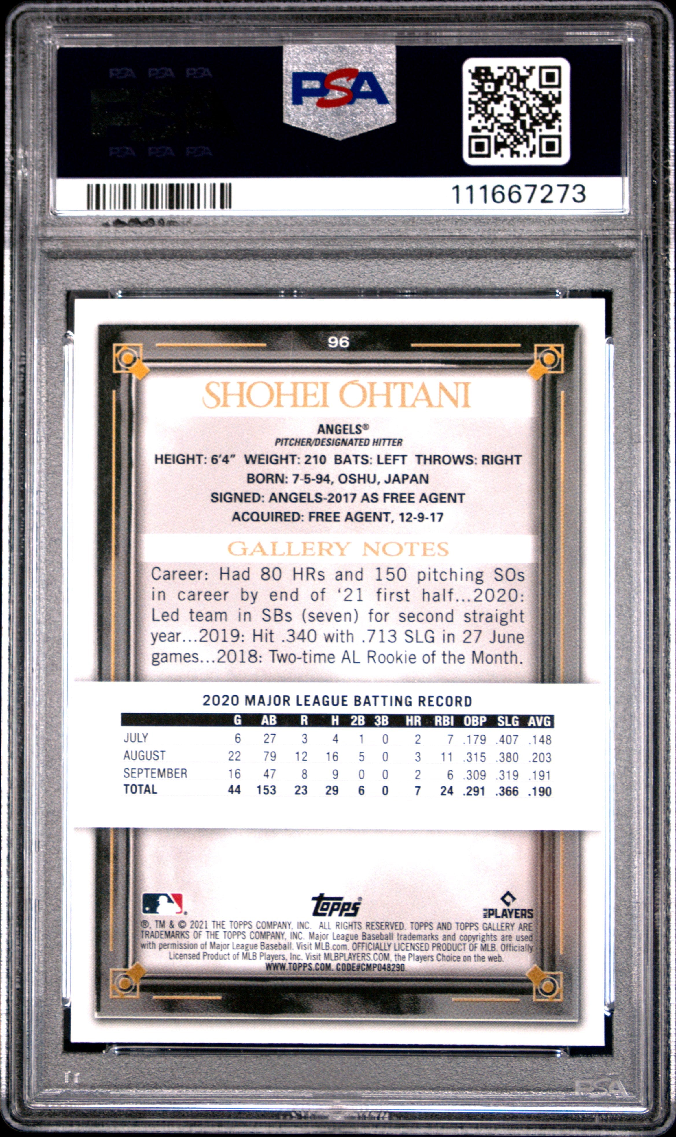 2021 Topps Gallery Shohei Ohtani #96 PSA 9 Anaheim Angels - Graded Sports Cards