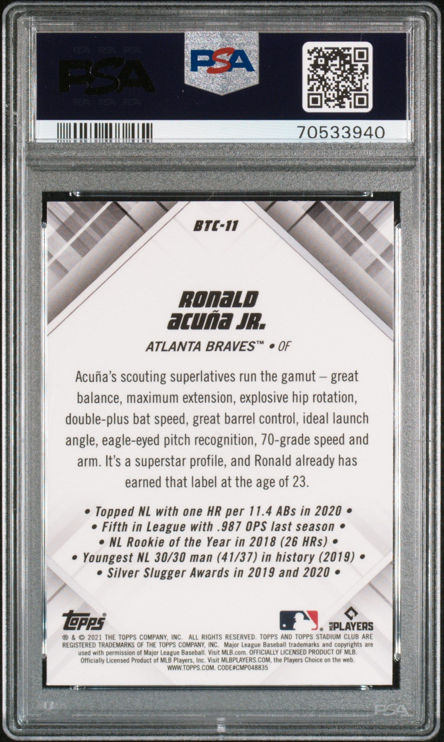 2021 Topps Stadium Club Chrome Beam Team Ronald Acuna JR. #BTC11 PSA 10 - Graded Sports Cards