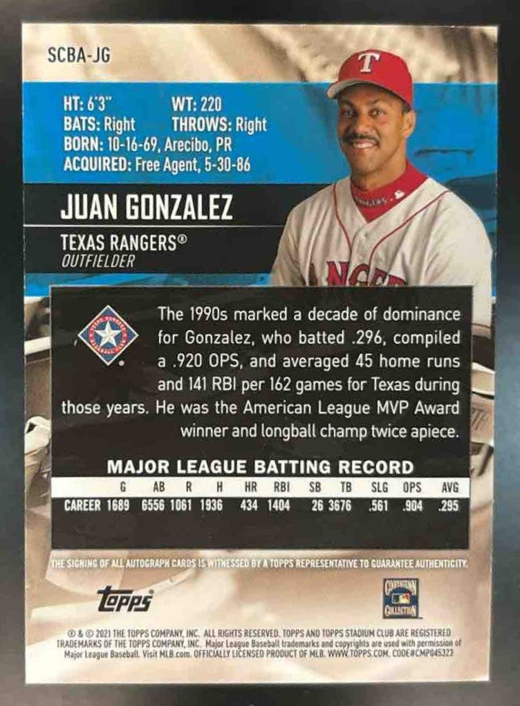 2021 Topps Stadium Club Juan Gonzalez Auto #SCBA-JG Texas Rangers - Sports Cards