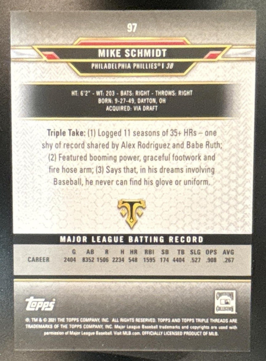 2021 Topps Triple Threads Mike Schmidt Onyx /50 #97 Philadelphia Phillies - Sports Cards