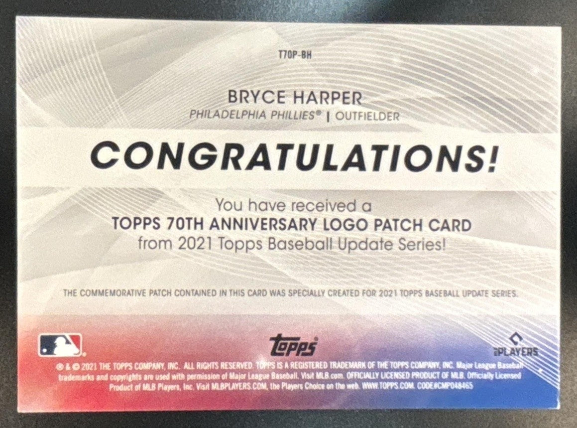 2021 Topps Update Bryce Harper 70th Anniversary Manufactured Logo Patch Phillies - Sports Cards