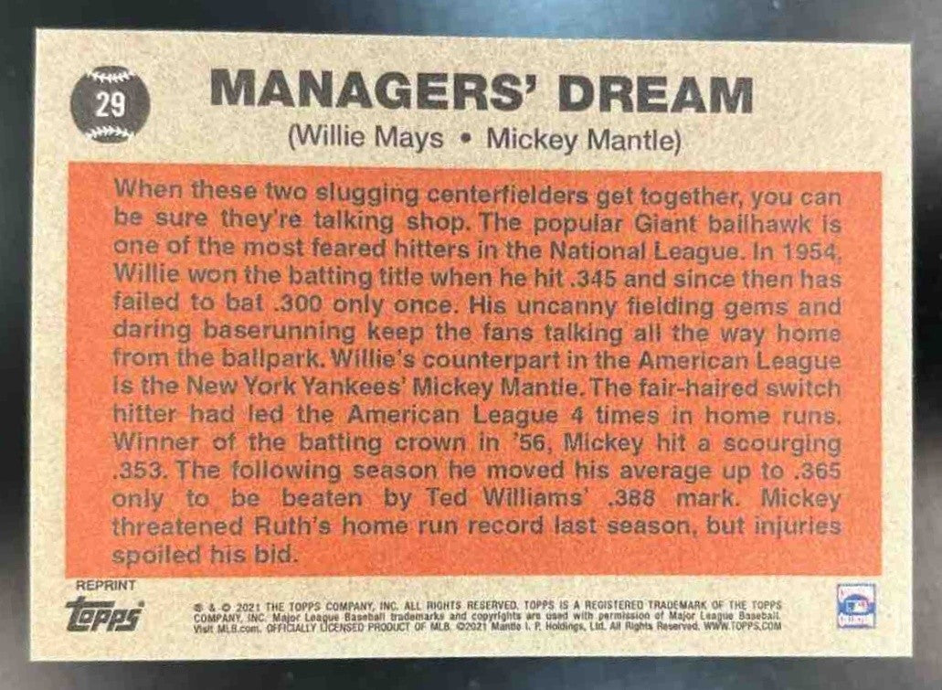 2021 Topps Willie Mays x Mickey Mantle Yankee Blue ’Managers Dream’ /199 Yankee - Sports Cards