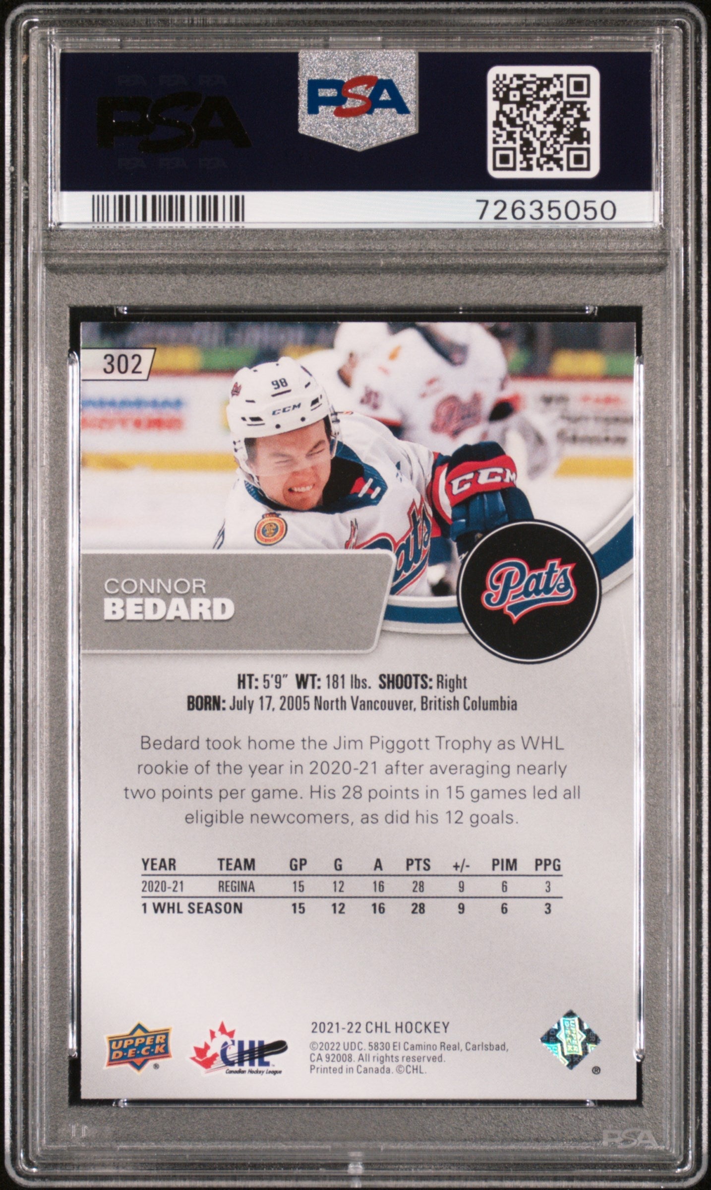 2021 Upper Deck CHL Connor Bedard #302 PSA 9 MINT Regina Pats - Graded Sports Cards