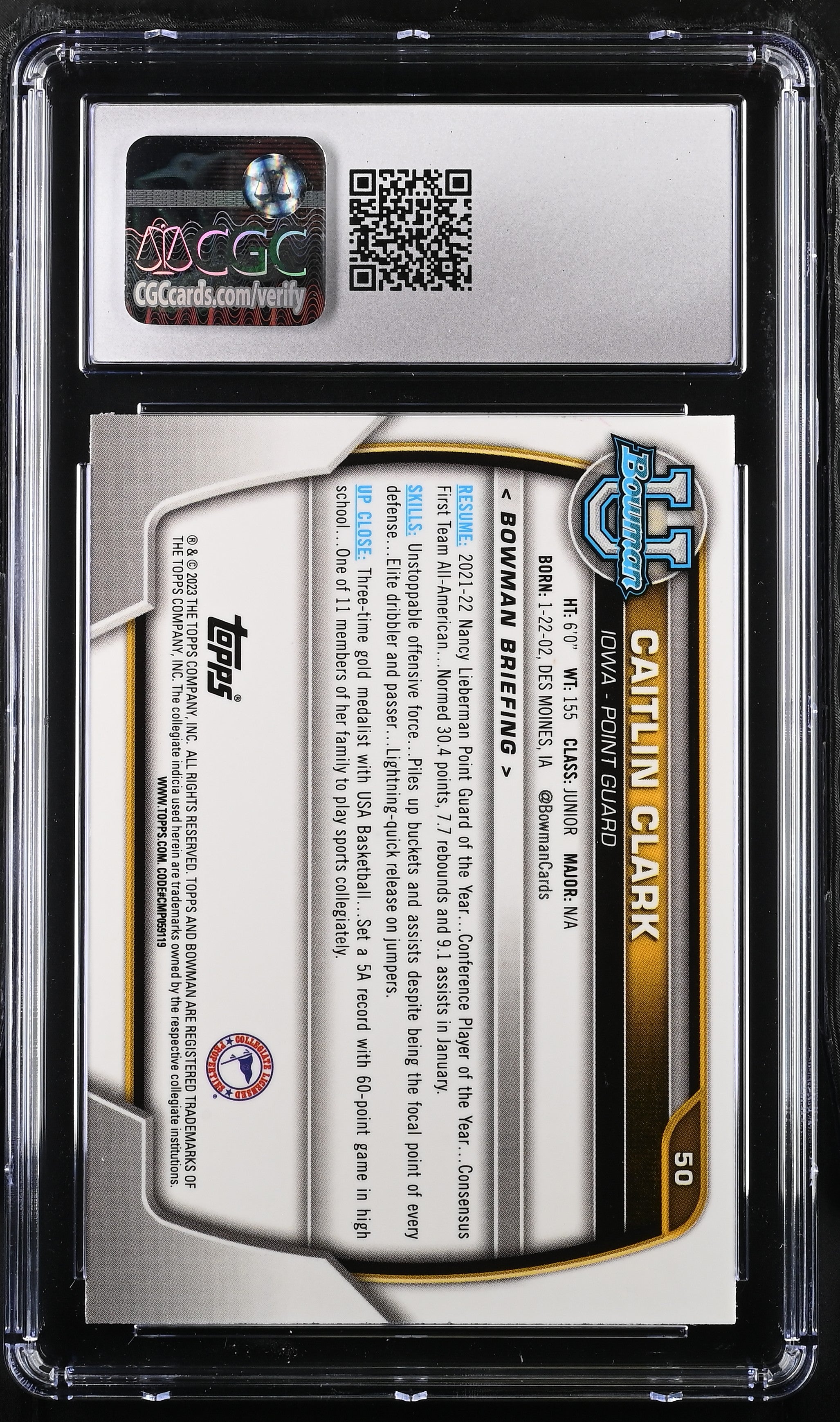 2022-23 Bowman University Chrome Caitlin Clark Pink Refractor #50 CGC 8.5 - Graded Sports Cards