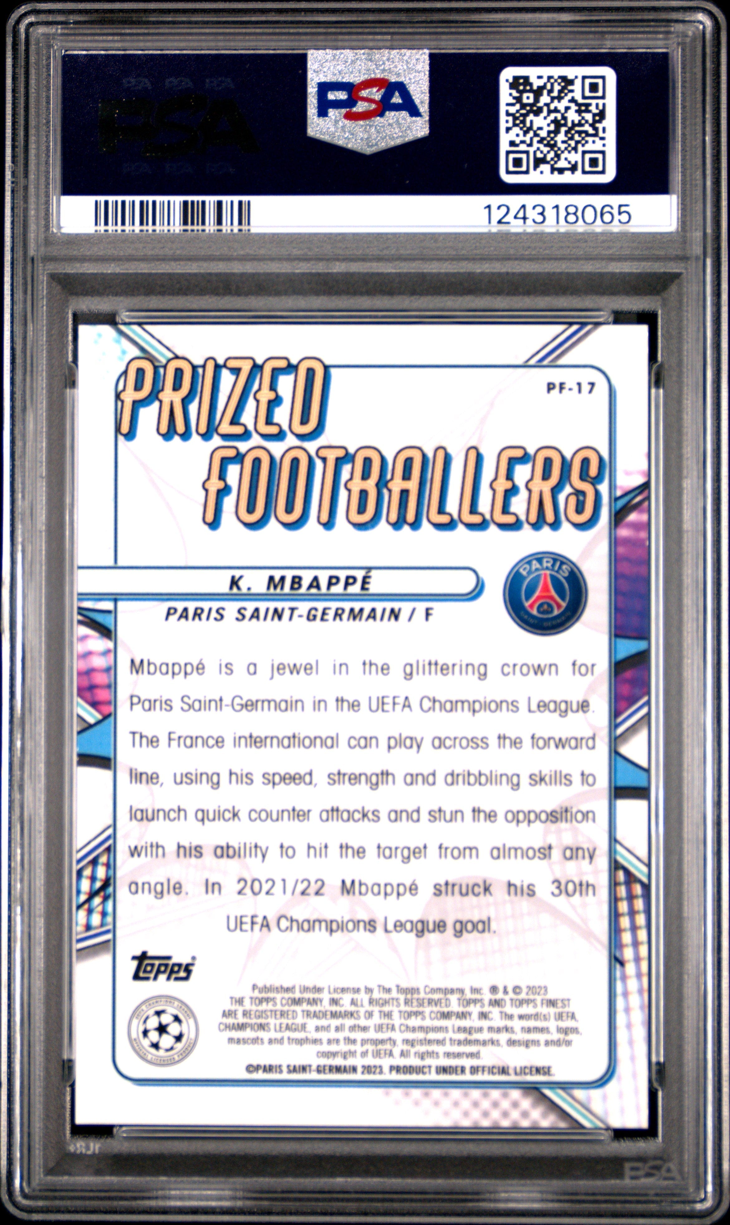 2022-23 Finest UEFA UCC Prized Footballers Kylian Mbappe Orange Ref 01/25 PSA 9 - Graded Sports Cards