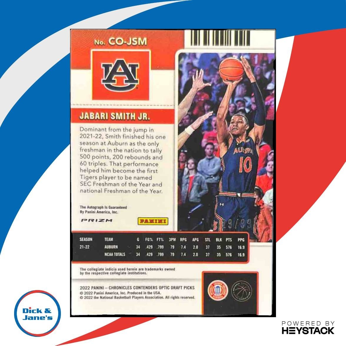 2022-23 Jabari Smith Jr. Contenders Optic College Tickets /99 Auto RC Tigers - Sports Cards