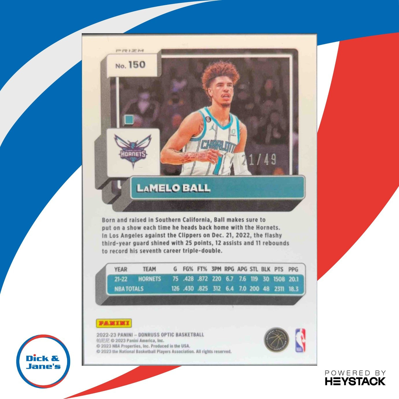 2022-23 Panini Donruss Optic LaMelo Ball Blue 21/49 #150 Charlotte Hornets - Sports Cards