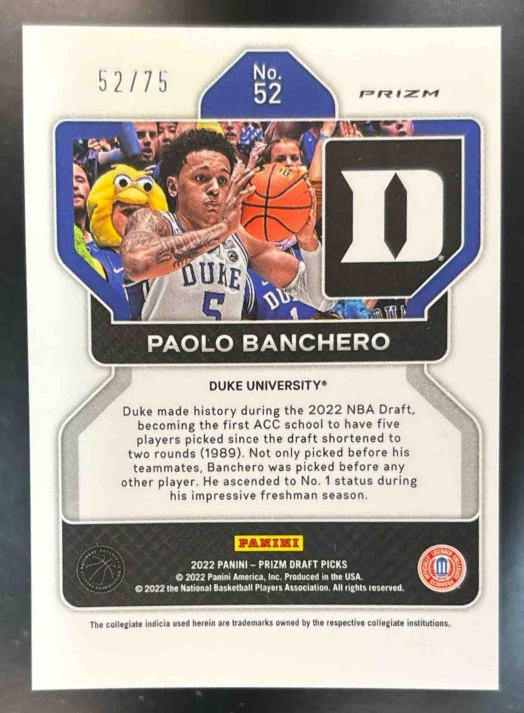 2022-23 Panini Prizm Draft Picks Paolo Banchero Purple /75 #52 RC Blue Devils - Sports Cards