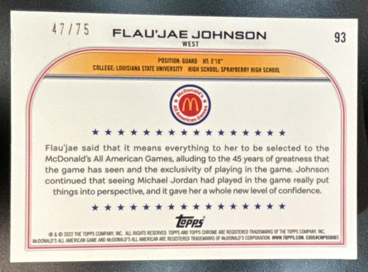 2022-23 Topps Chrome McDonald’s All American Flau’jae Johnson Yellow /75 #93 - Sports Cards