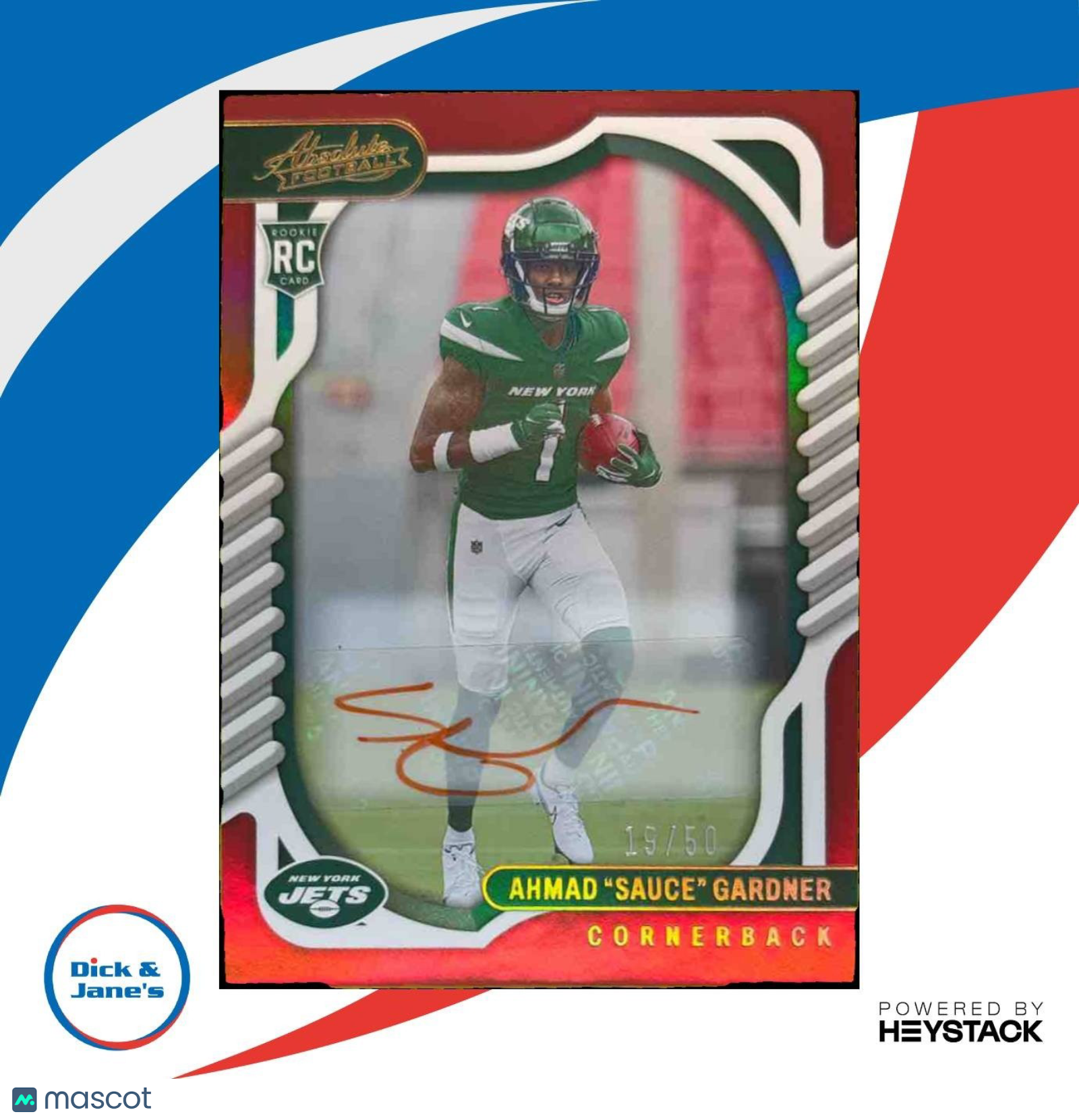 2022 Absolute Ahmad ’Sauce’ Gardner Signature Rookies Red /50 #128 Auto RC Jets - Sports Cards