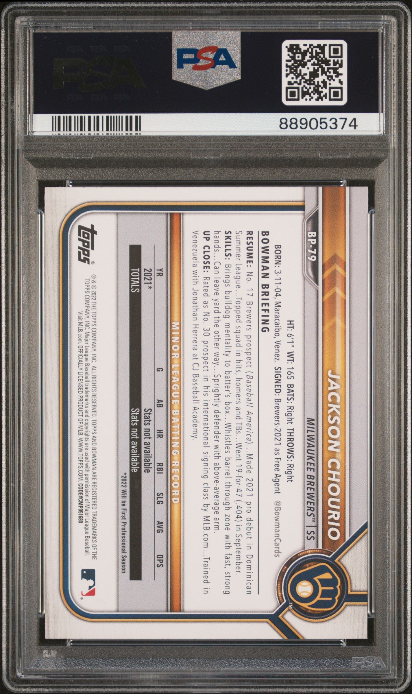2022 Bowman 1st Prospects Jackson Chourio #BP79 PSA 10 Milwaukee Brewers Graded Sports Cards