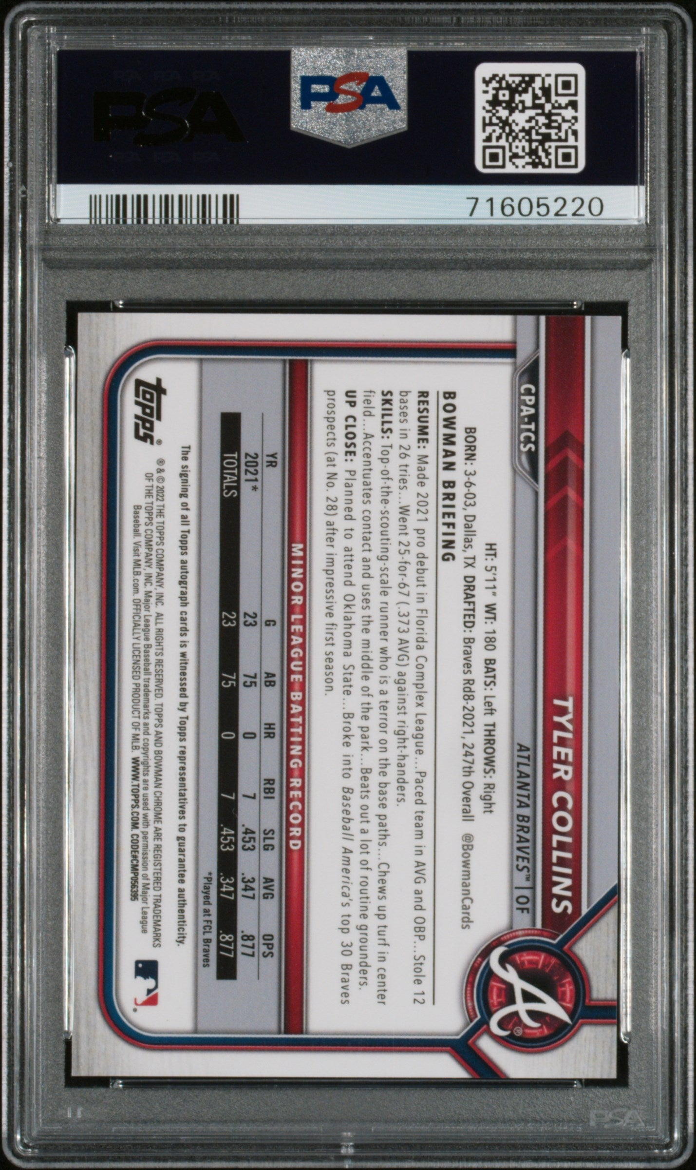 2022 Bowman Chrome Autographs Tyler Collins Green Atomic Refractor PSA 10 - Graded Sports Cards