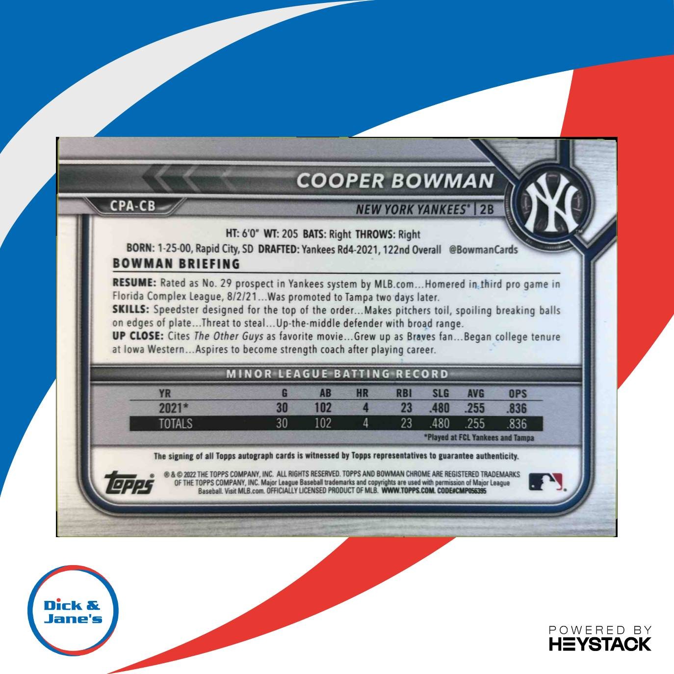 2022 Bowman Chrome Cooper Prospect Auto #CPA-CB New York Yankees - Sports Cards