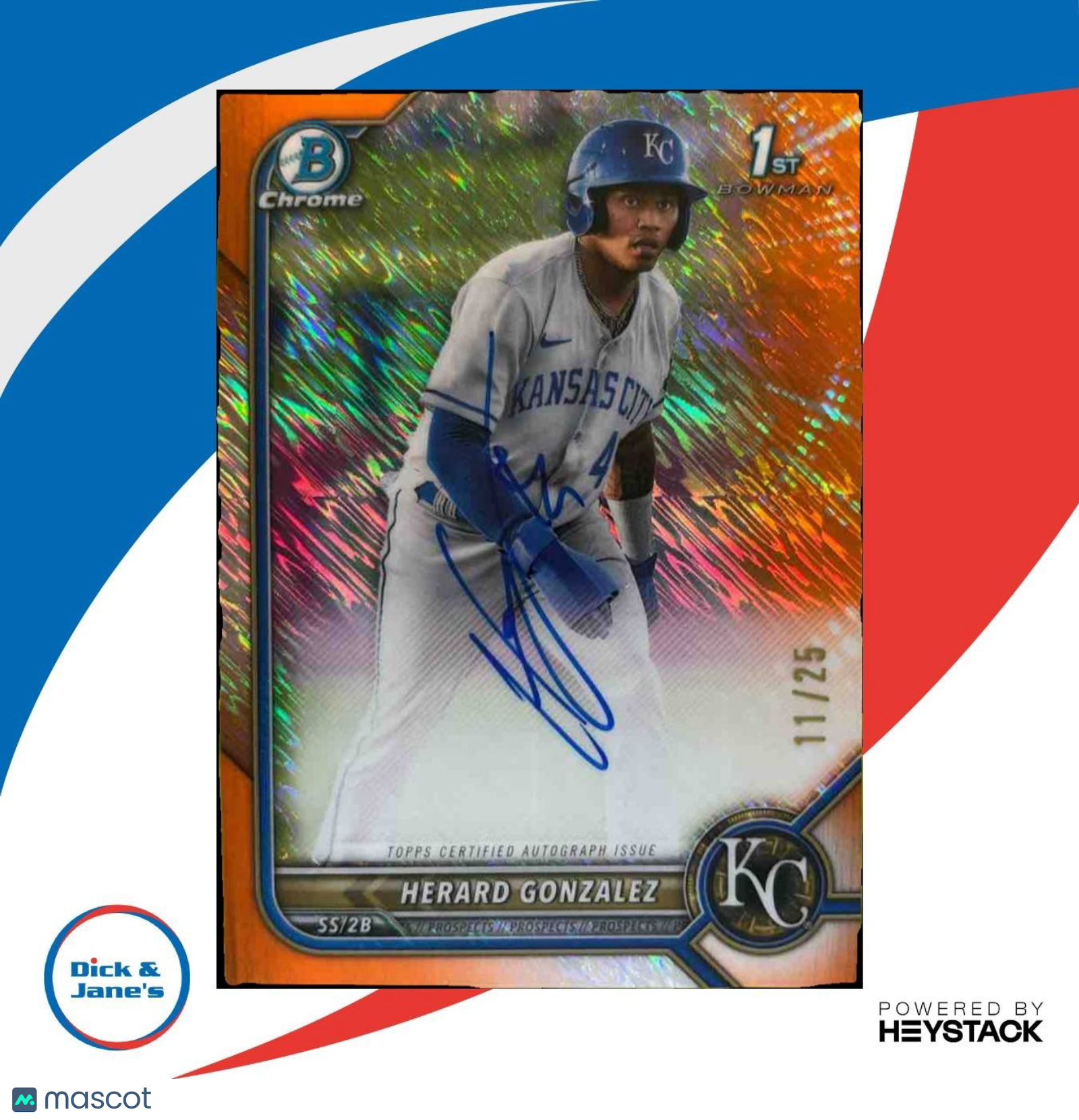 2022 Bowman Chrome Herard Gonzalez Auto Orange Shimmer /25 1st Prospect Royals - Sports Cards