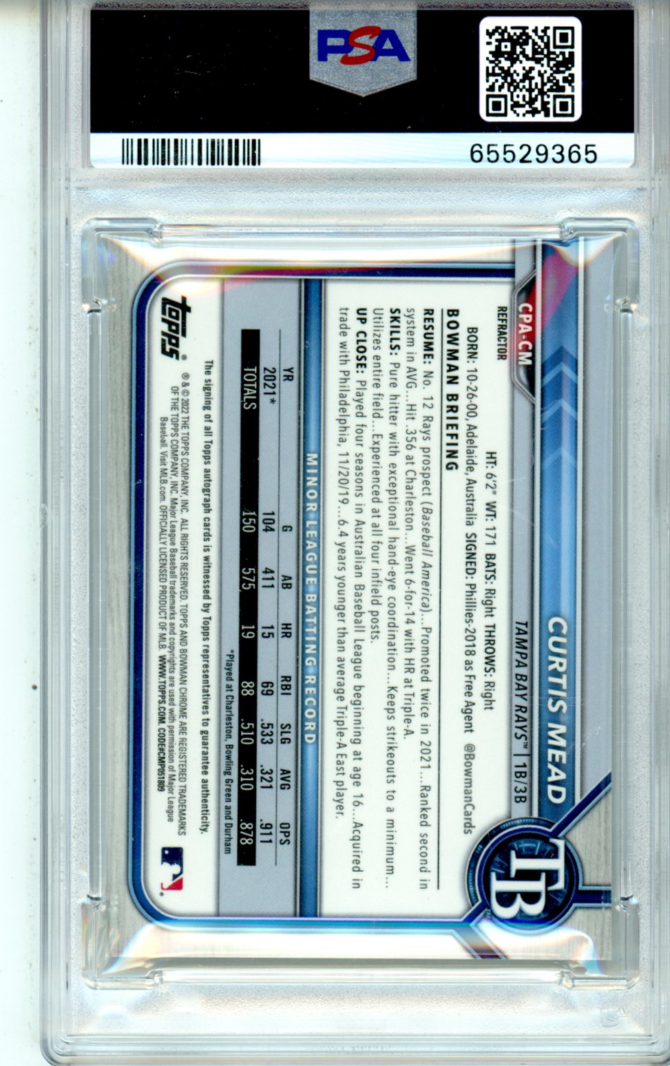 2022 Bowman Chrome Prospect Autographs Curtis Mead Refractor #CPACM PSA 10 - Graded Sports Cards