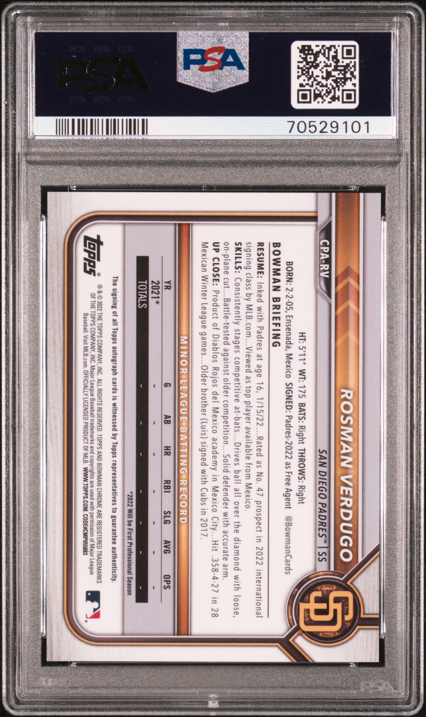 2022 Bowman Chrome Prospect Autographs Rosman Verdugo #CPARV PSA 9 - Graded Sports Cards