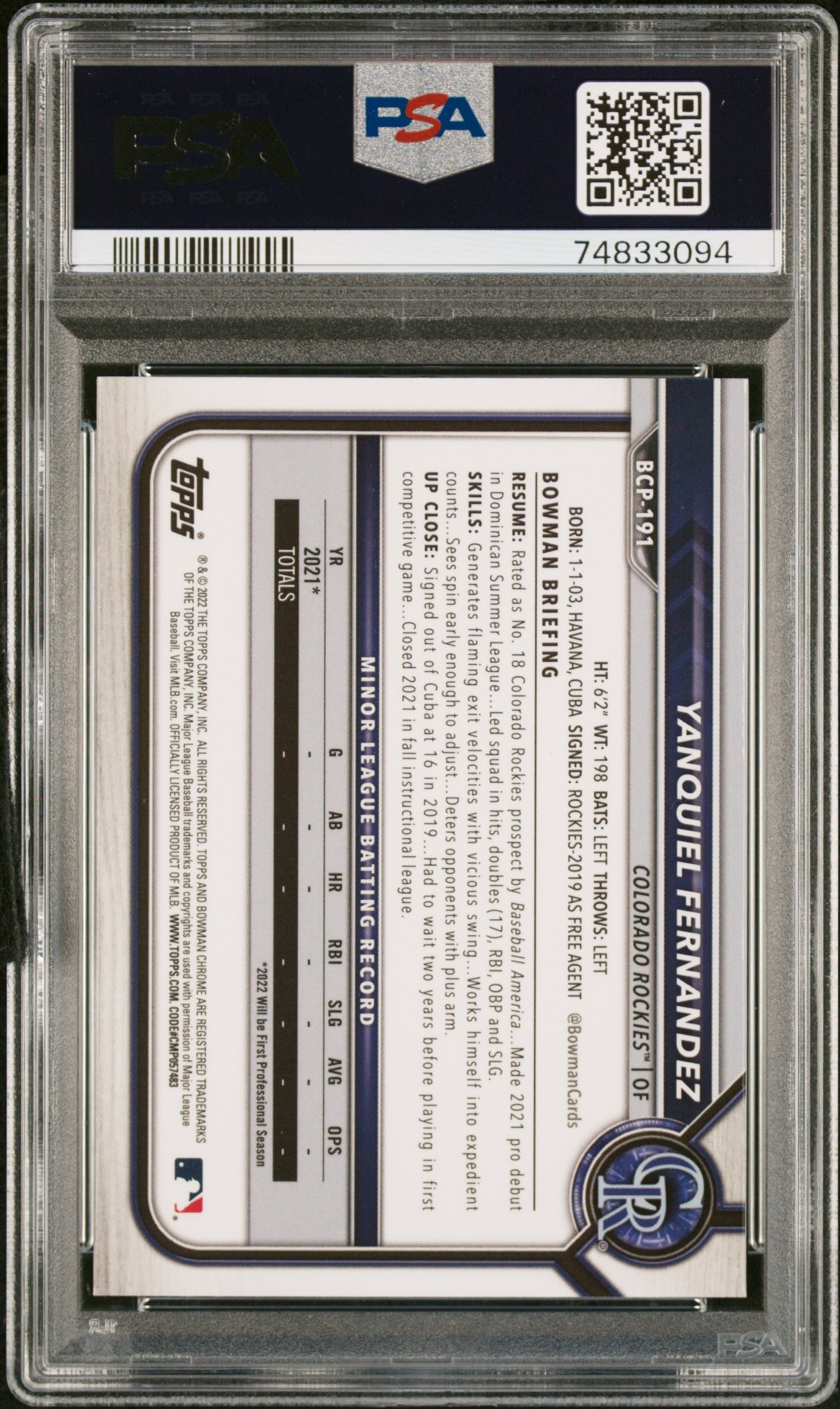 2022 Bowman Chrome Sapphire Edition Prospects Yanquiel Fernandez #BCP191 PSA 10 - Graded Sports Cards