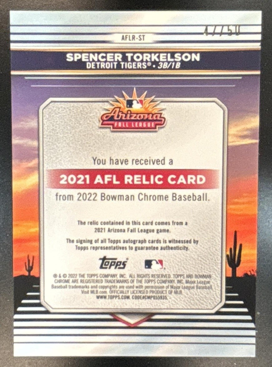 2022 Bowman Chrome Spencer Torkelson 2021 AFL Relics Auto /50 MEM RC Tigers - Sports Cards