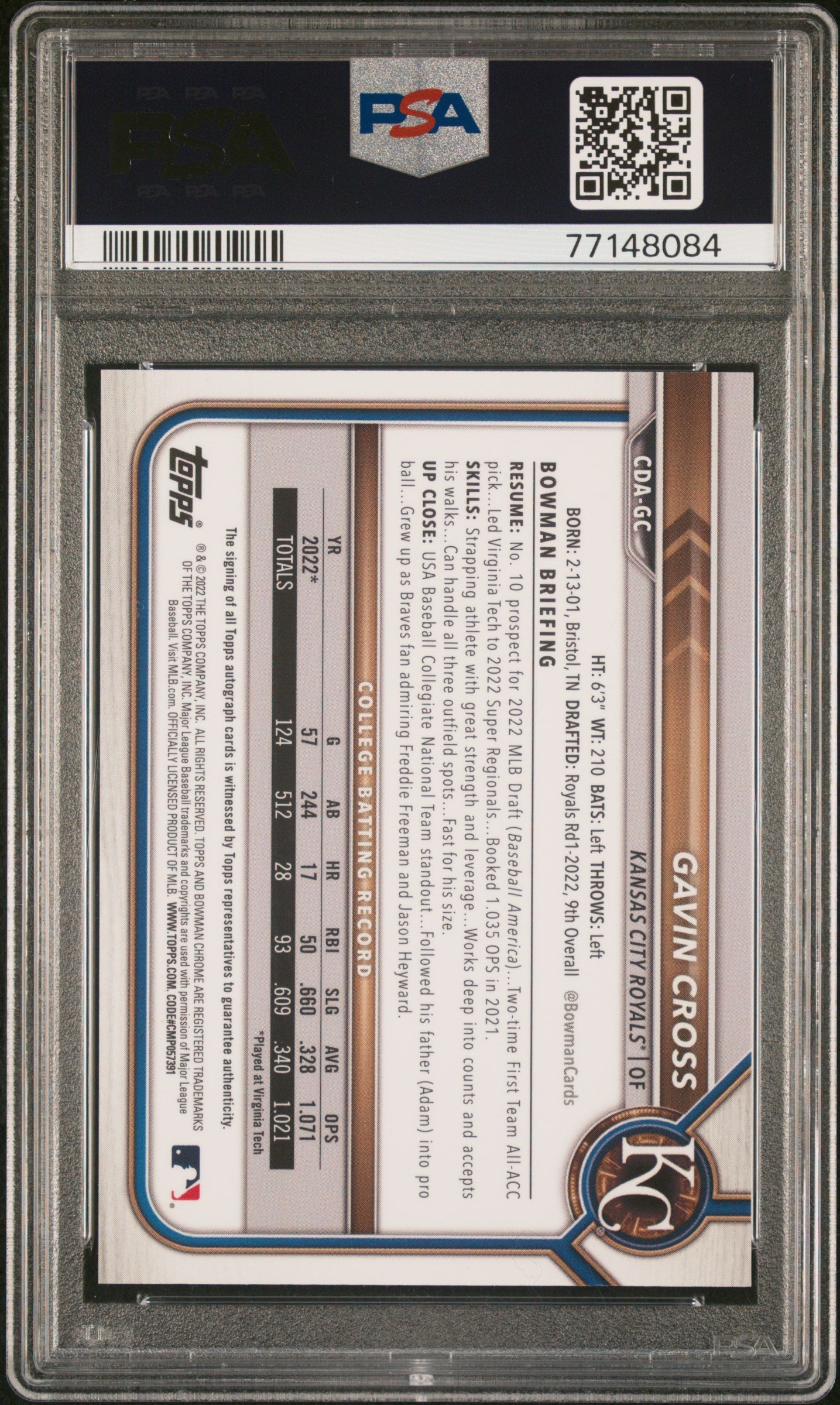 2022 Bowman Draft Chrome Draft Pick Auto Gavin Cross Gold Refractor PSA 10 /50 - Graded Sports Cards