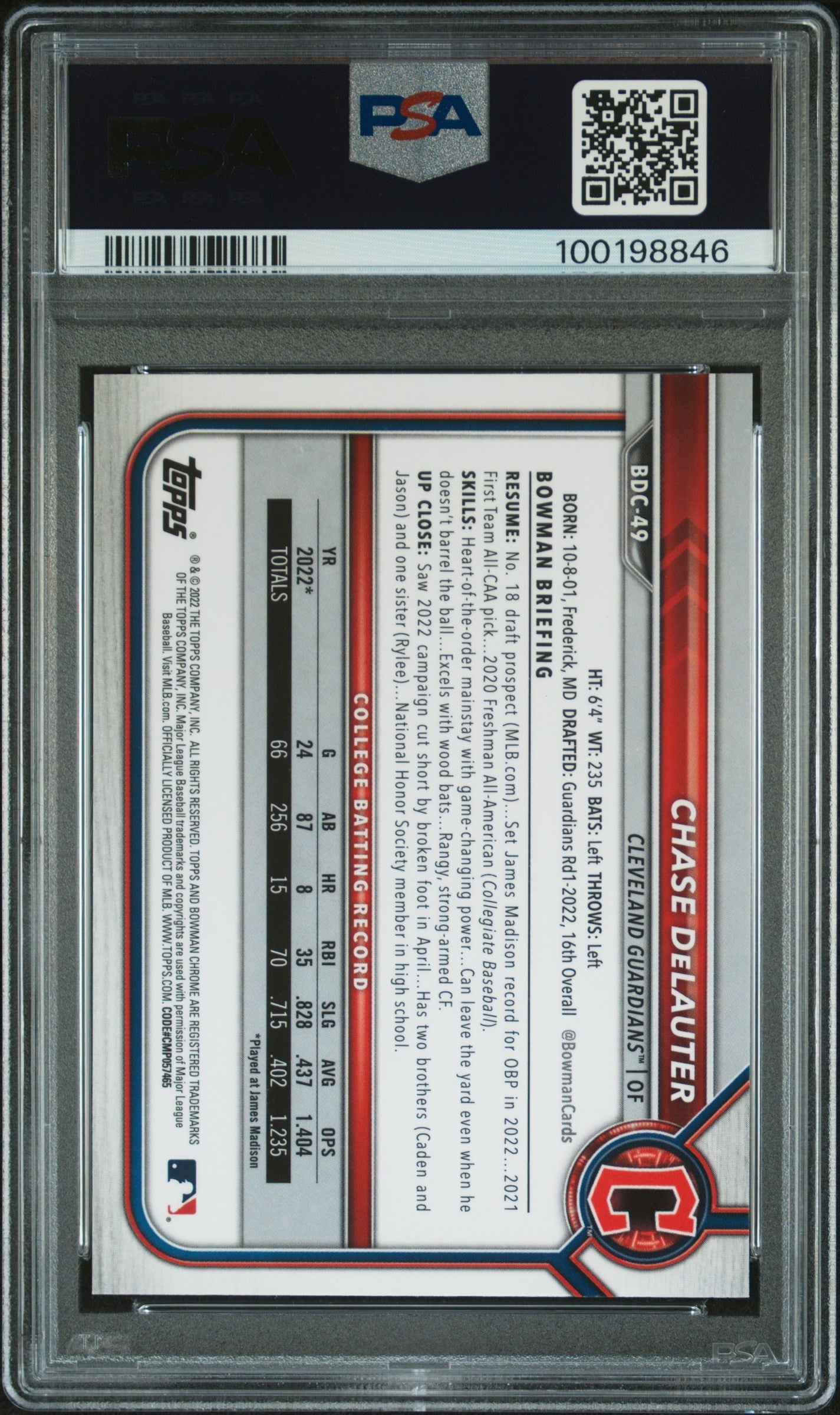 2022 Bowman Draft Chrome Sapphire Edition Chase Delauter Orange 05/25 #49 PSA 10 - Graded Sports Cards